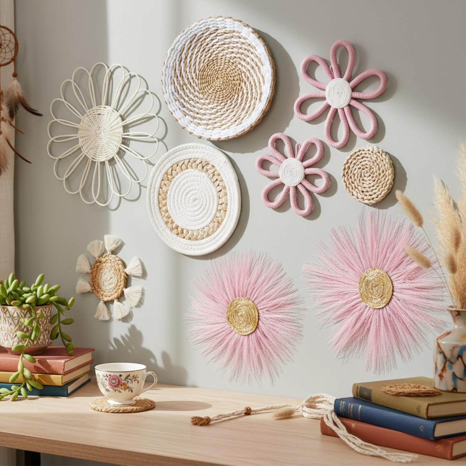 Boho Nursery Wall Decor Daisy Flower Woven Macrame Seagrass Rattan Basket / White Pink / Set of 9