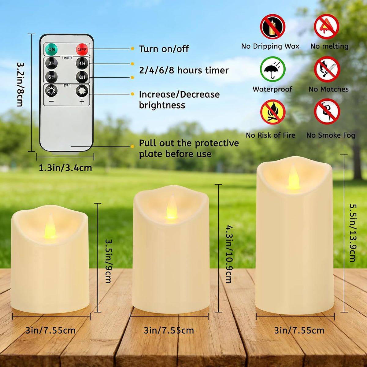 Outdoor Flameless Candles, Patented 3D Dual-LED, Set of 9 Slanted Resin Pillars with 2 Remotes, Bulk Party Decor for