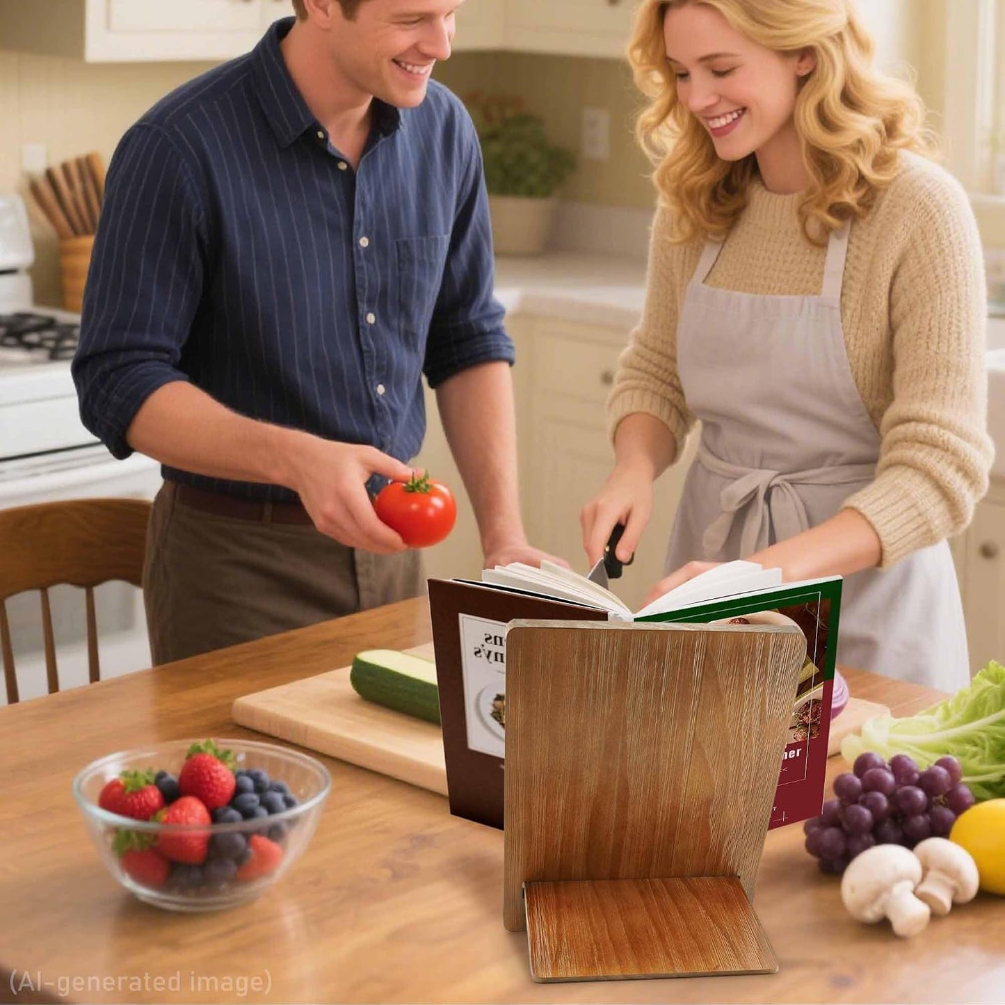 Brown Solid Wood Cookbook Stand: for Kitchen Counter Recipe Holder | Heavy-Duty Wood Cook Book Stand Holds 2" Thick
