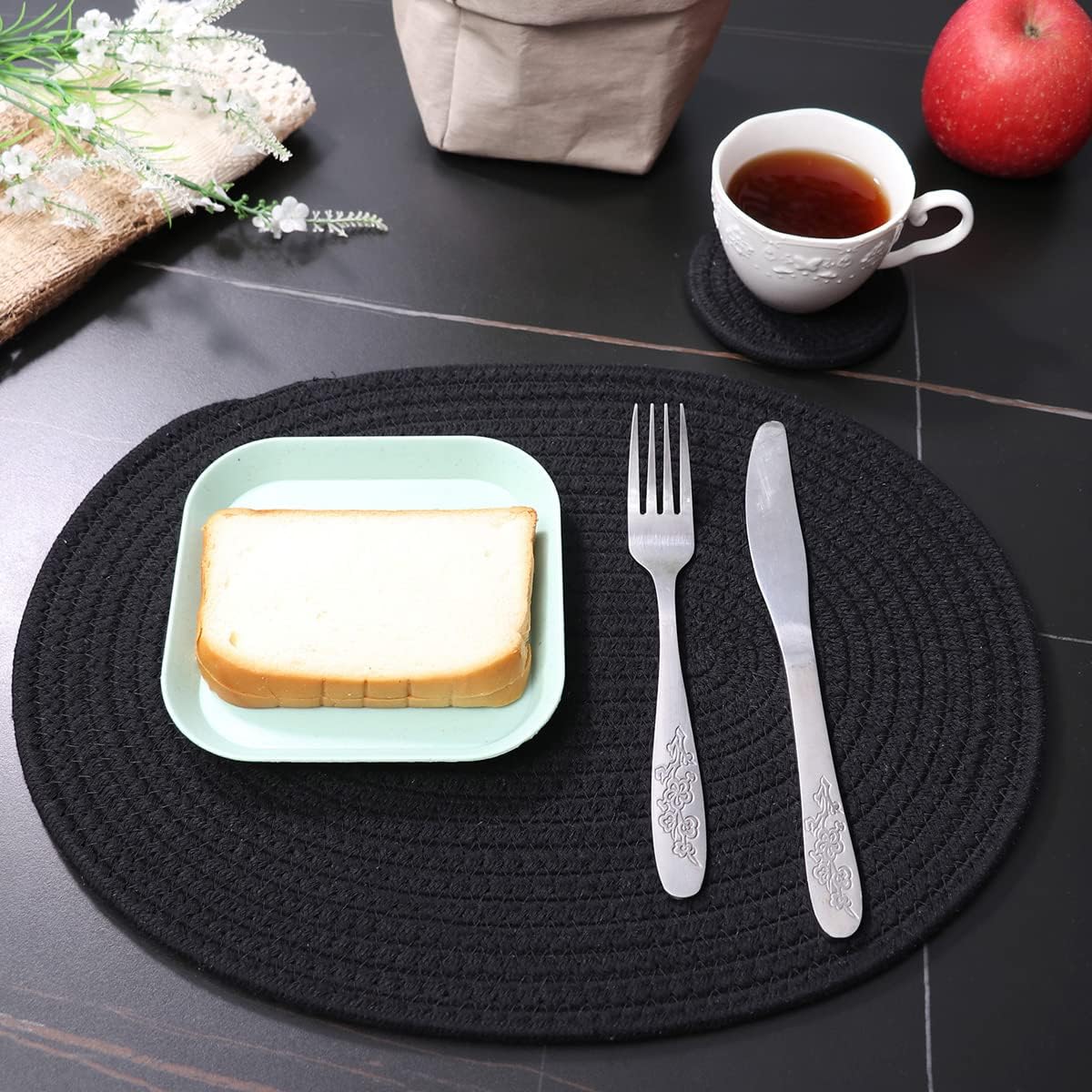 6 Pack Woven Placemats Fabric Tablemats, 12x16 inches Plate Chargers Cotton Weave Placemat Oval Braided Rattan