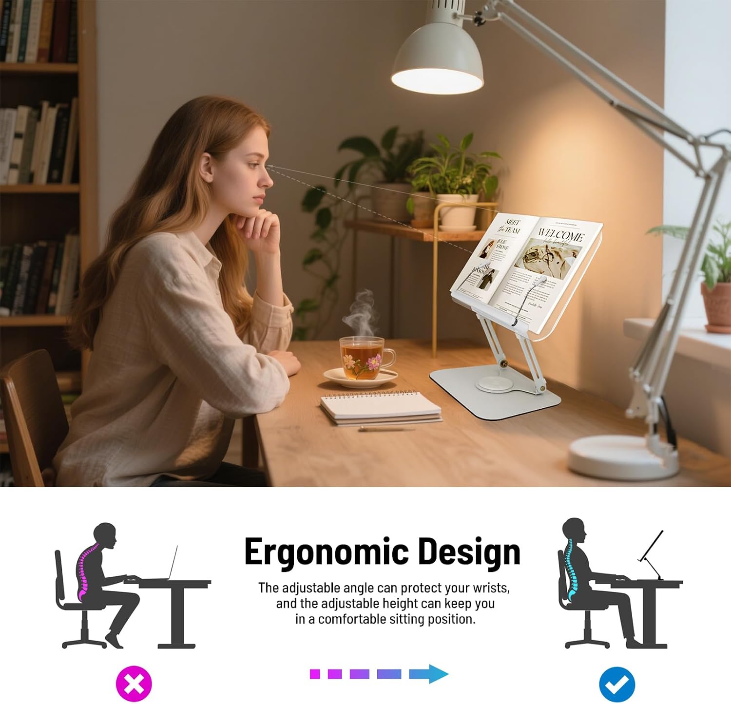 Acrylic Book Stand for Reading Hands Free - Adjustable 360° Rotating Cookbook Holder with Elastic Page Clips & Foldable