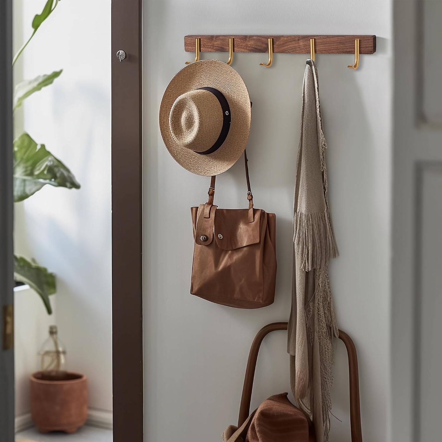 Wall Mounted Coat Rack, 5 Hooks - J Shape | Entryway Hanging Rack with Rustic Hooks for Coat, Scarf, Bag, Towel, Key