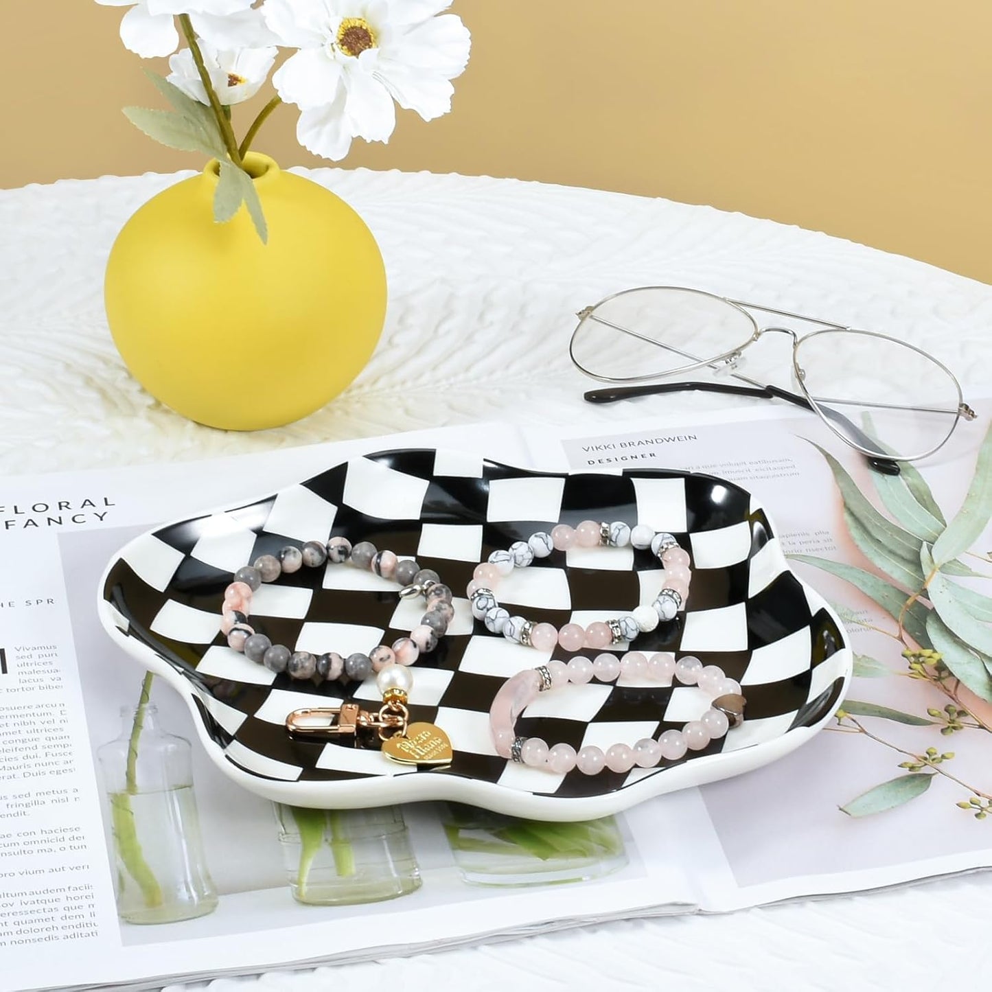 Ceramic Jewelry Dish Trinket Tray Organizer / Black and White Checkerboard