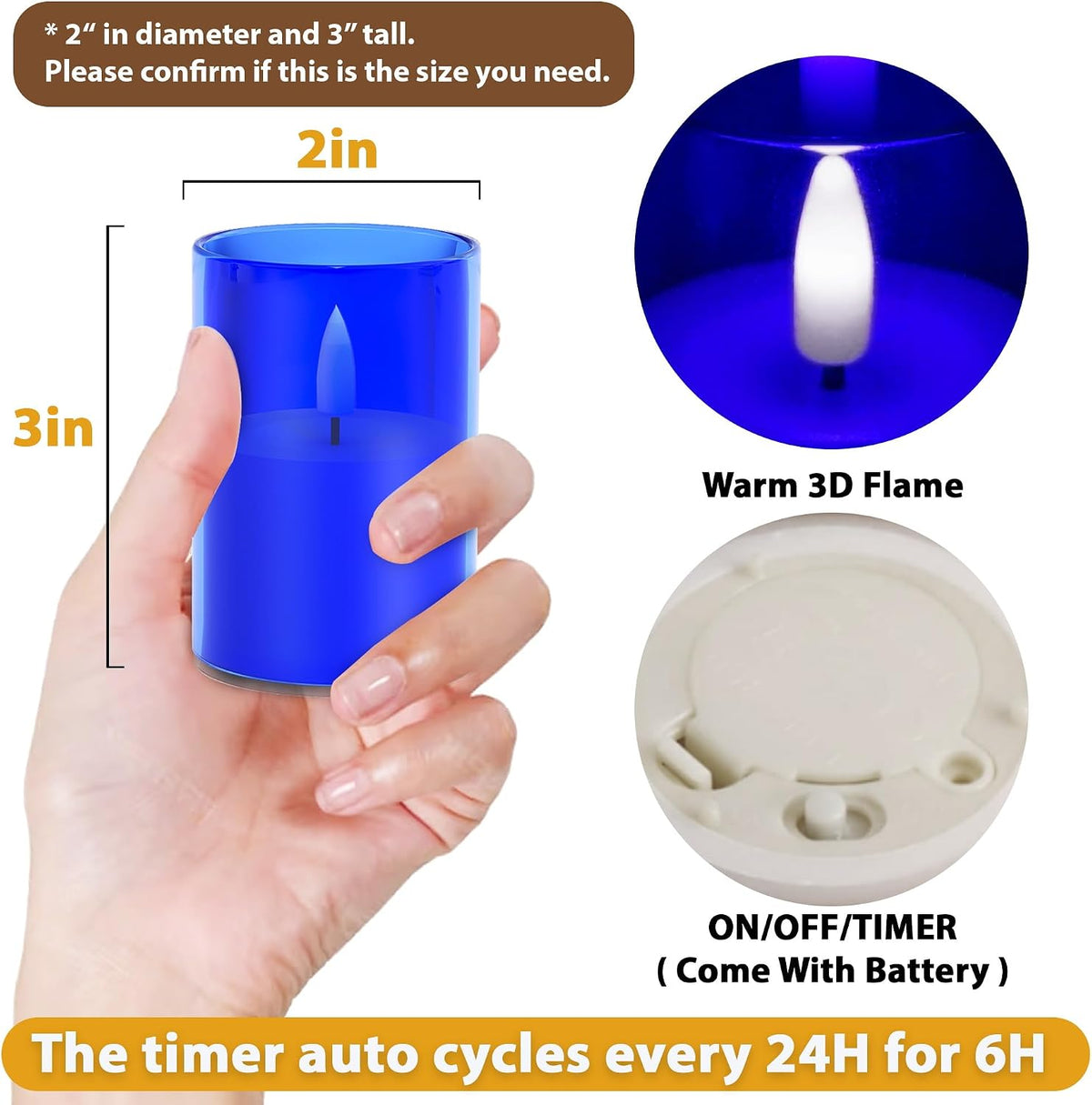 12Pack Flameless LED Candles with Timer, Battery Operated, Blue, 2"x3" | Small Pillar & Votive Candle with Realistic