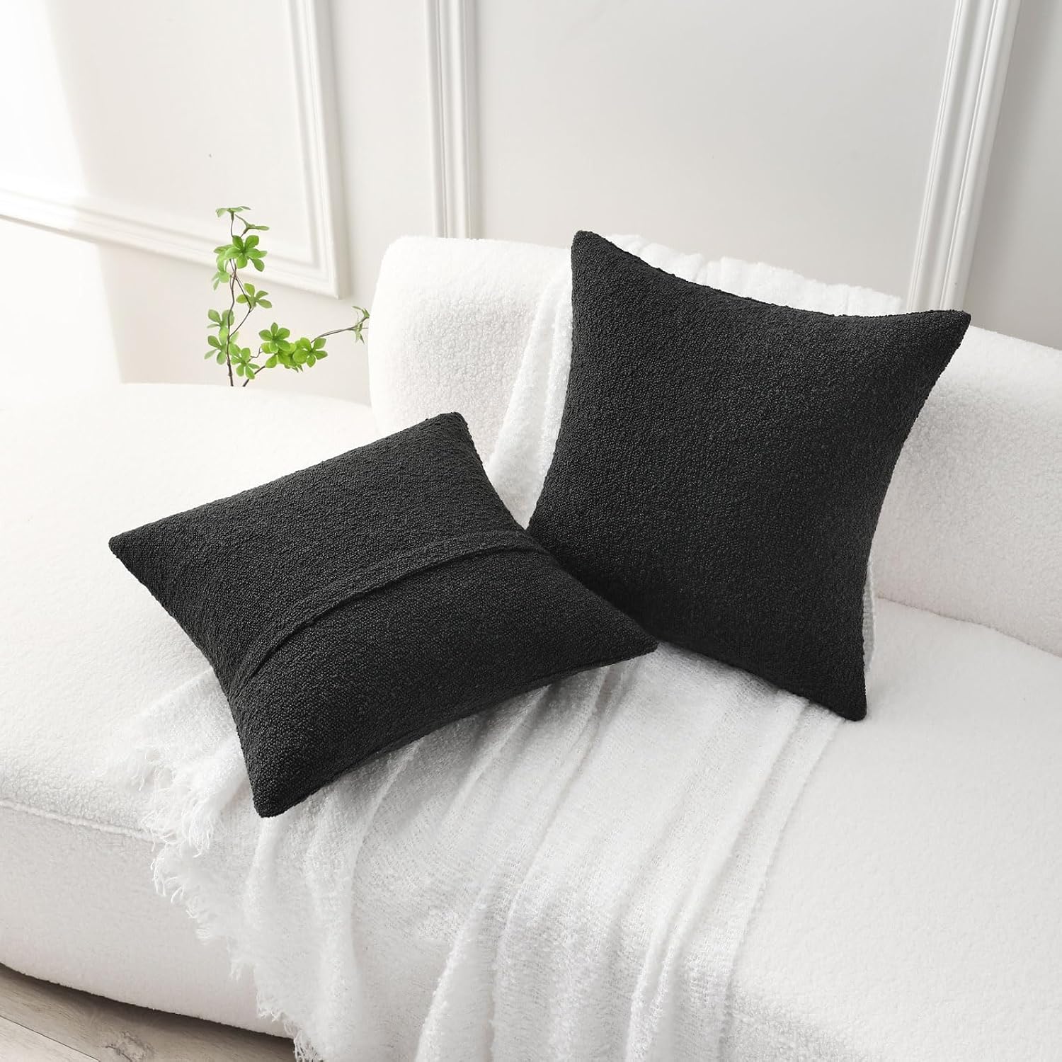 Decorative Throw Pillow Covers Soft Solid Boucle Textured Cushion Case / Black / 18 x 18 / Set of 2