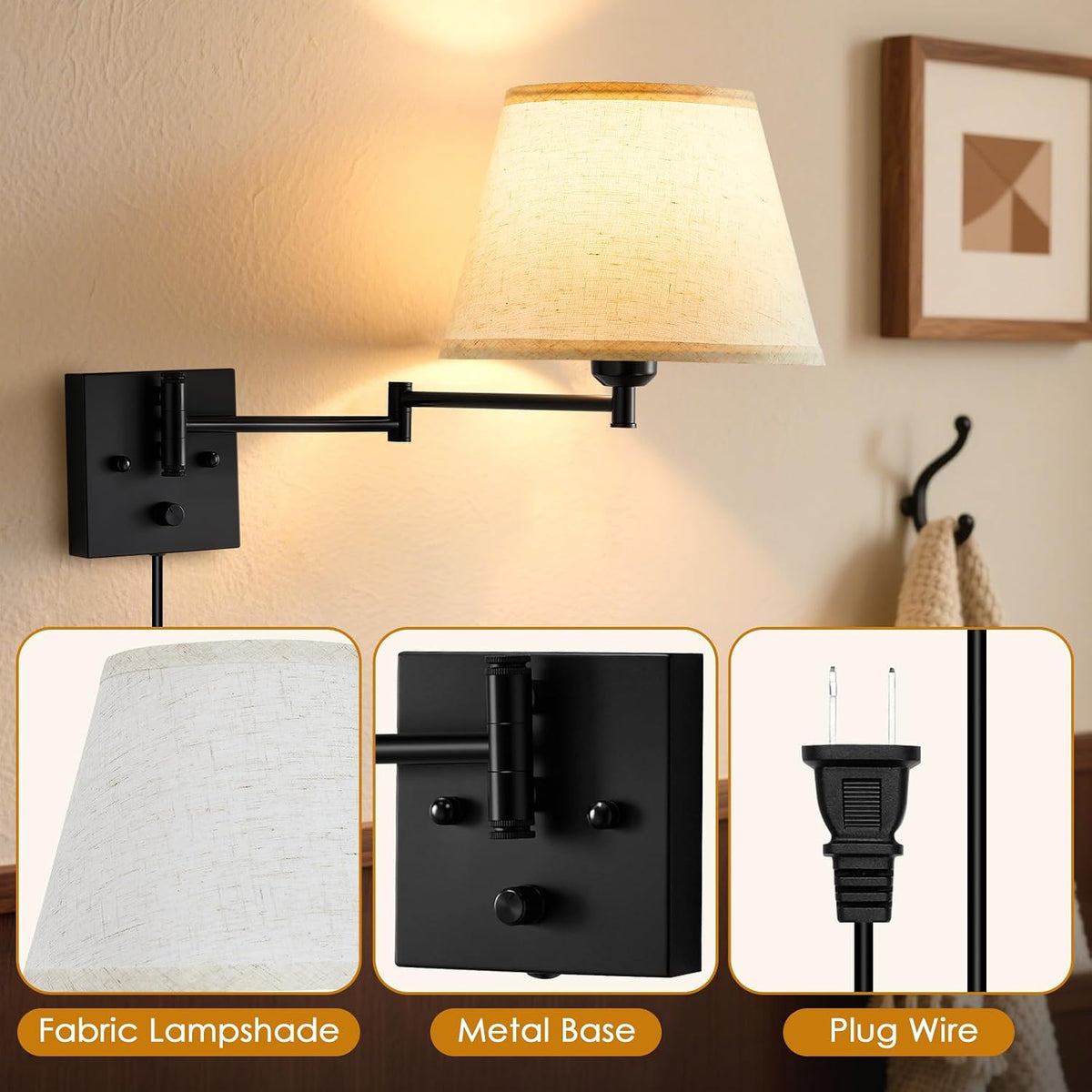 Wall Sconces Set of 2, Dimmable Wall Sconce, Plug in Wall Lights, E26 Based | Wall Lamp with Fabric Shade & Adjustable