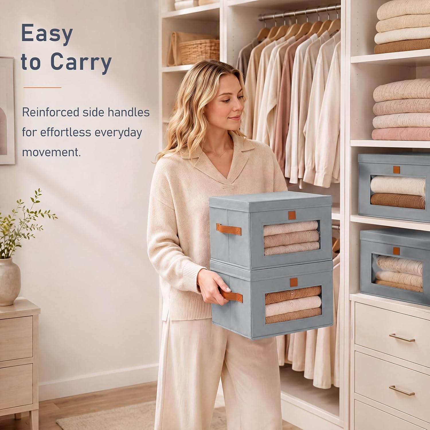 Storage Bins / Front Opening Stackable Fabric Storage Boxes / Gray / Medium / Set of 6