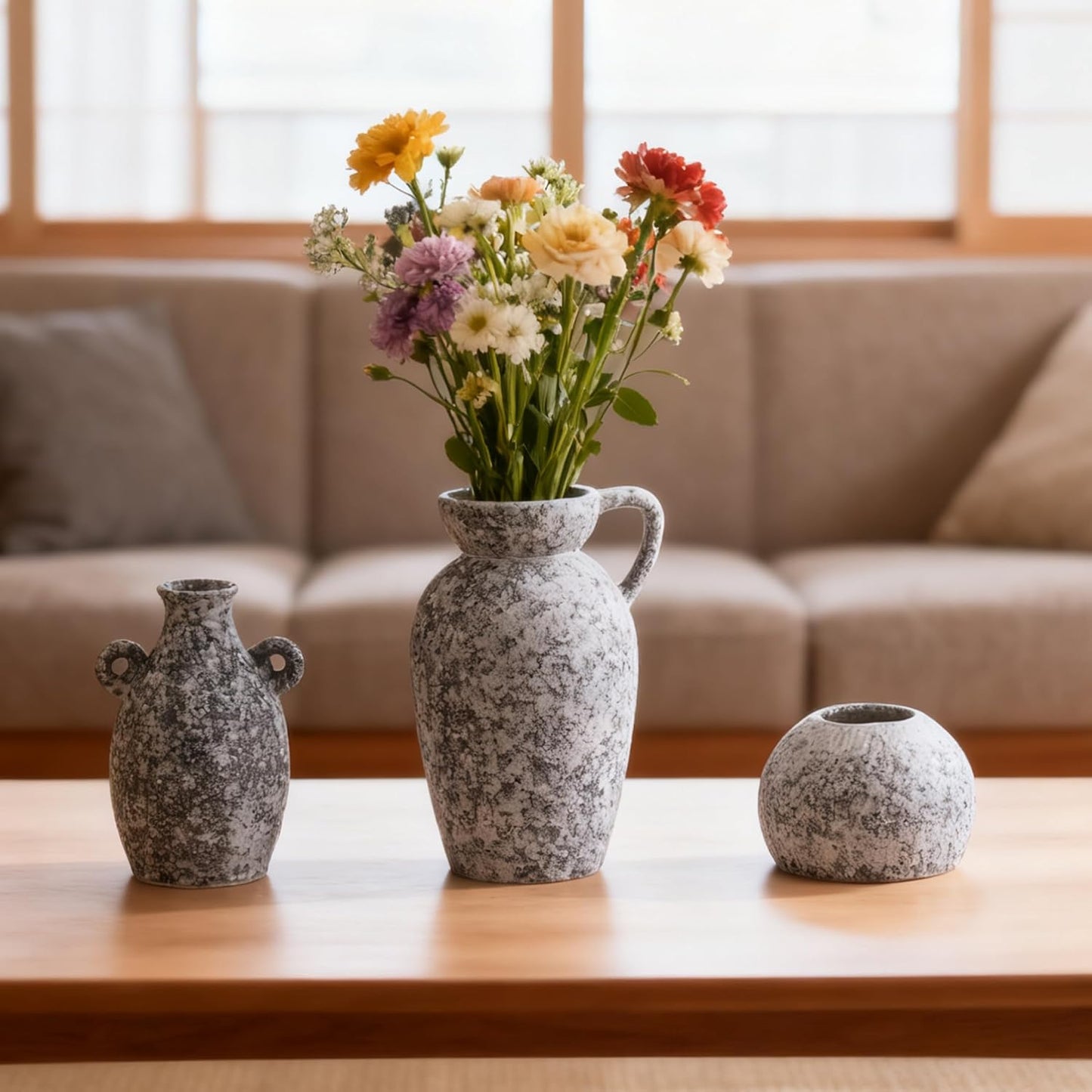 Black Ceramic Modern Rustic Farmhouse Vase Centerpiece / 16 Black & White / Set of 3