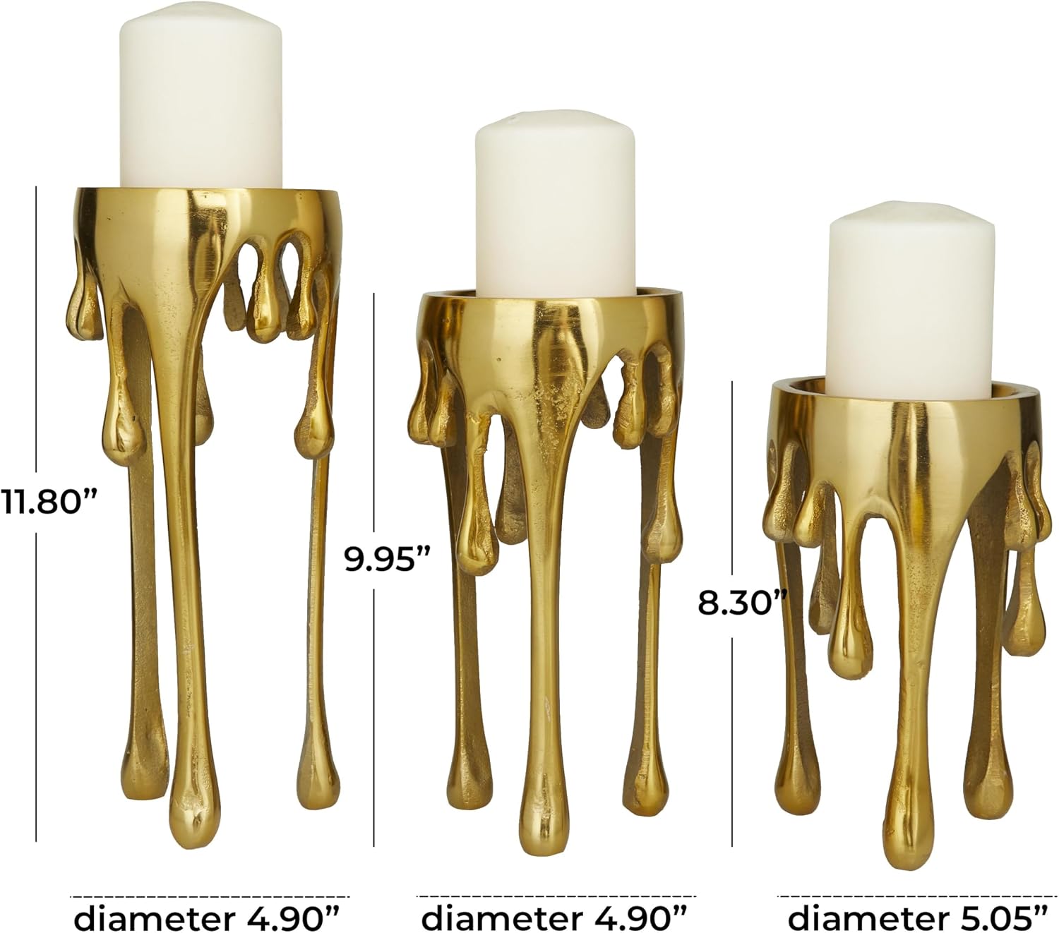 CosmoLiving by Cosmopolitan Aluminum Metal Abstract Decorative Candle Holder Melting Drip Candle Stand, Set of 3
