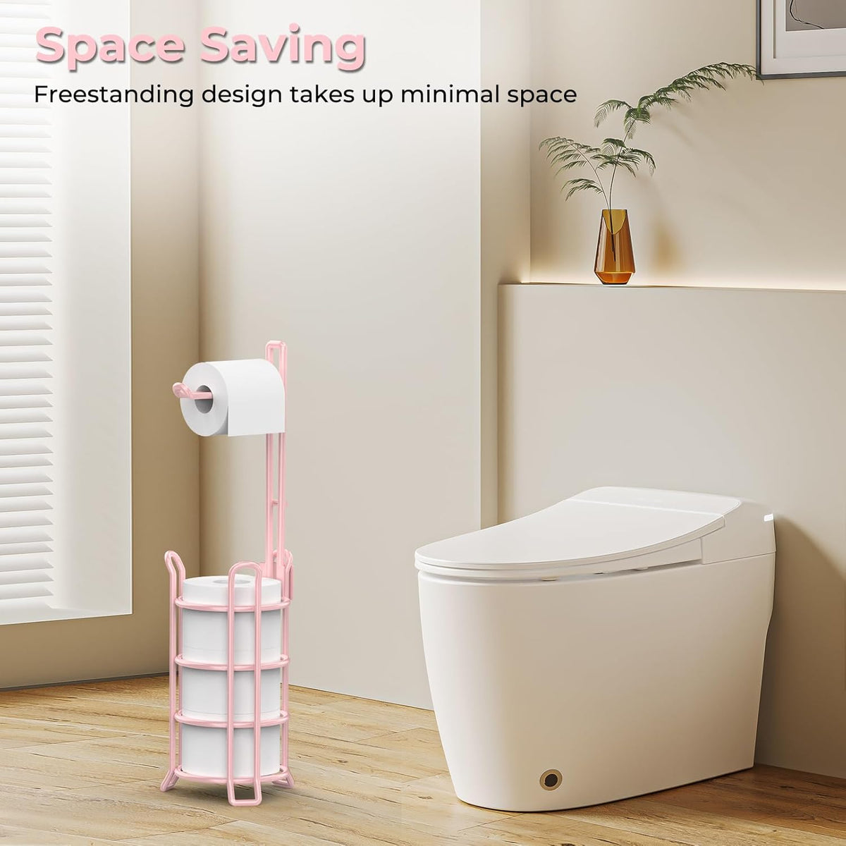 TomCare Toilet Paper Holder Stand Free Standing, Holds 4 Mega Rolls, Pink | Tool-Free Assembly, Detachable Metal Wire