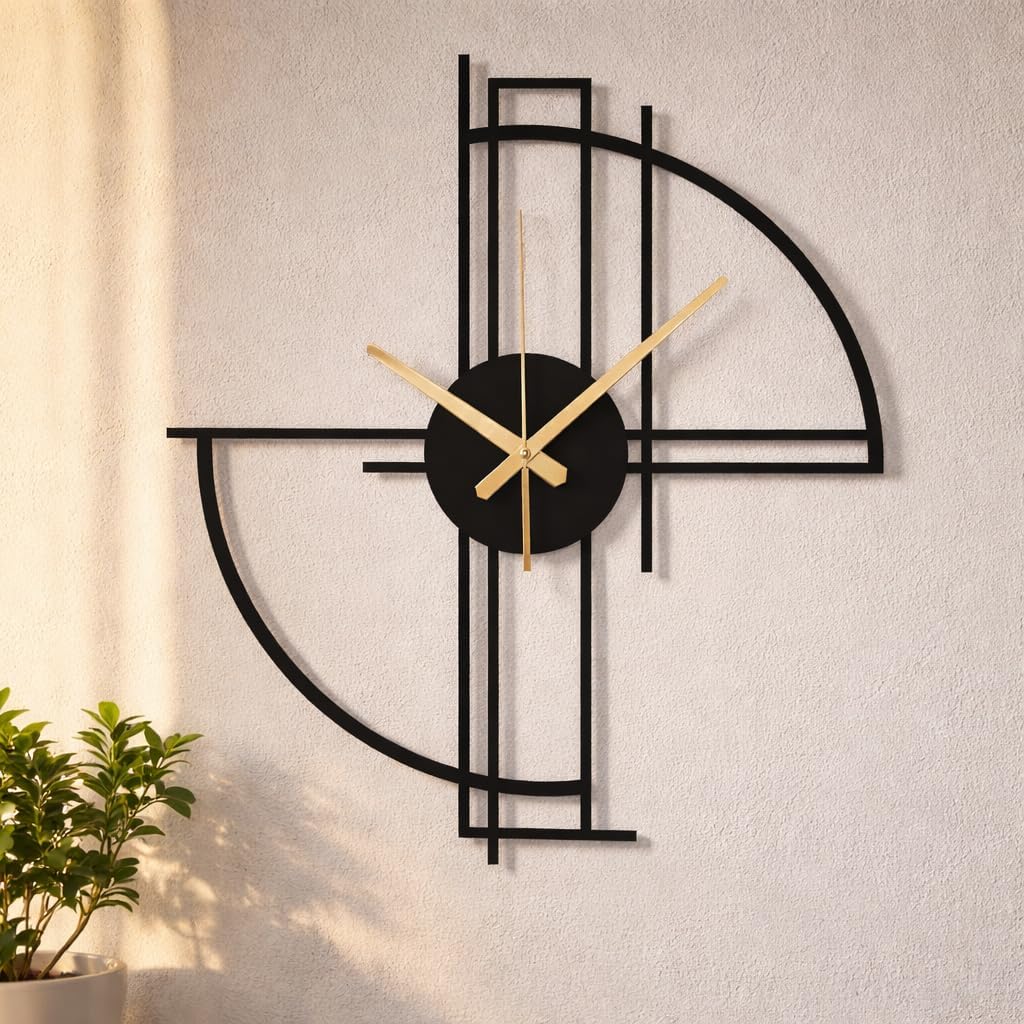 Modern Geometric Metal Wall Clock, Minimalist Black Steel Design, Silent Non-Ticking Mechanism, Unique Contemporary