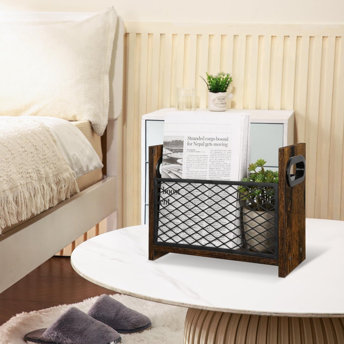 YINMIT Magazine Holder, Small Magazine Rack Floor or Desktop Storage Basket | Wood and Metal Construction, Retro Book
