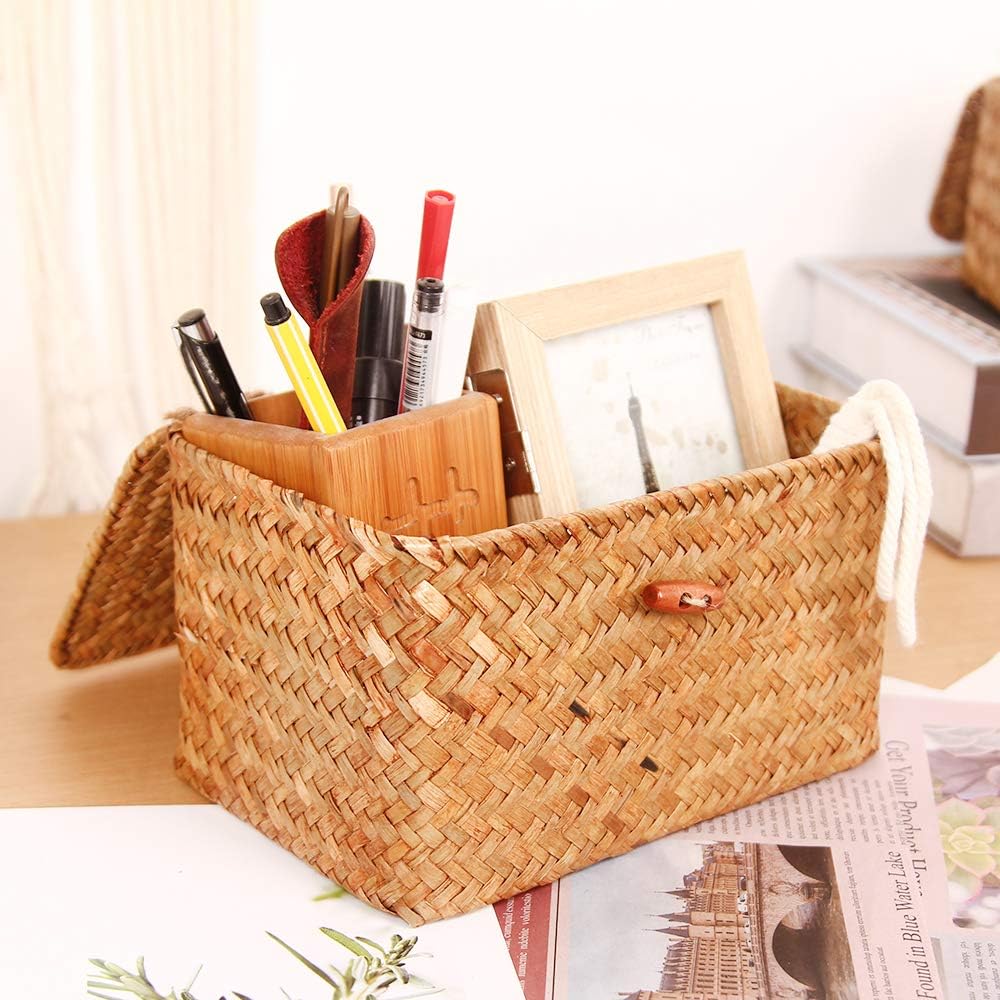 Lid Handwoven Seagrass Storage Box Wicker Basket Desktop Makeup Organizer / Original / Set of 3
