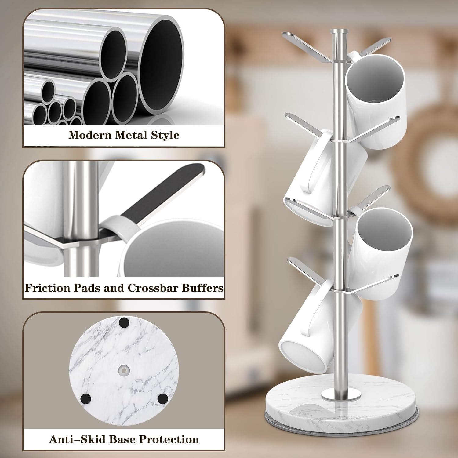 Silver Marble Mug Holder Tree with 2–8 Adjustable Hooks | Detachable Stainless Steel Coffee Cup Stand with Modular