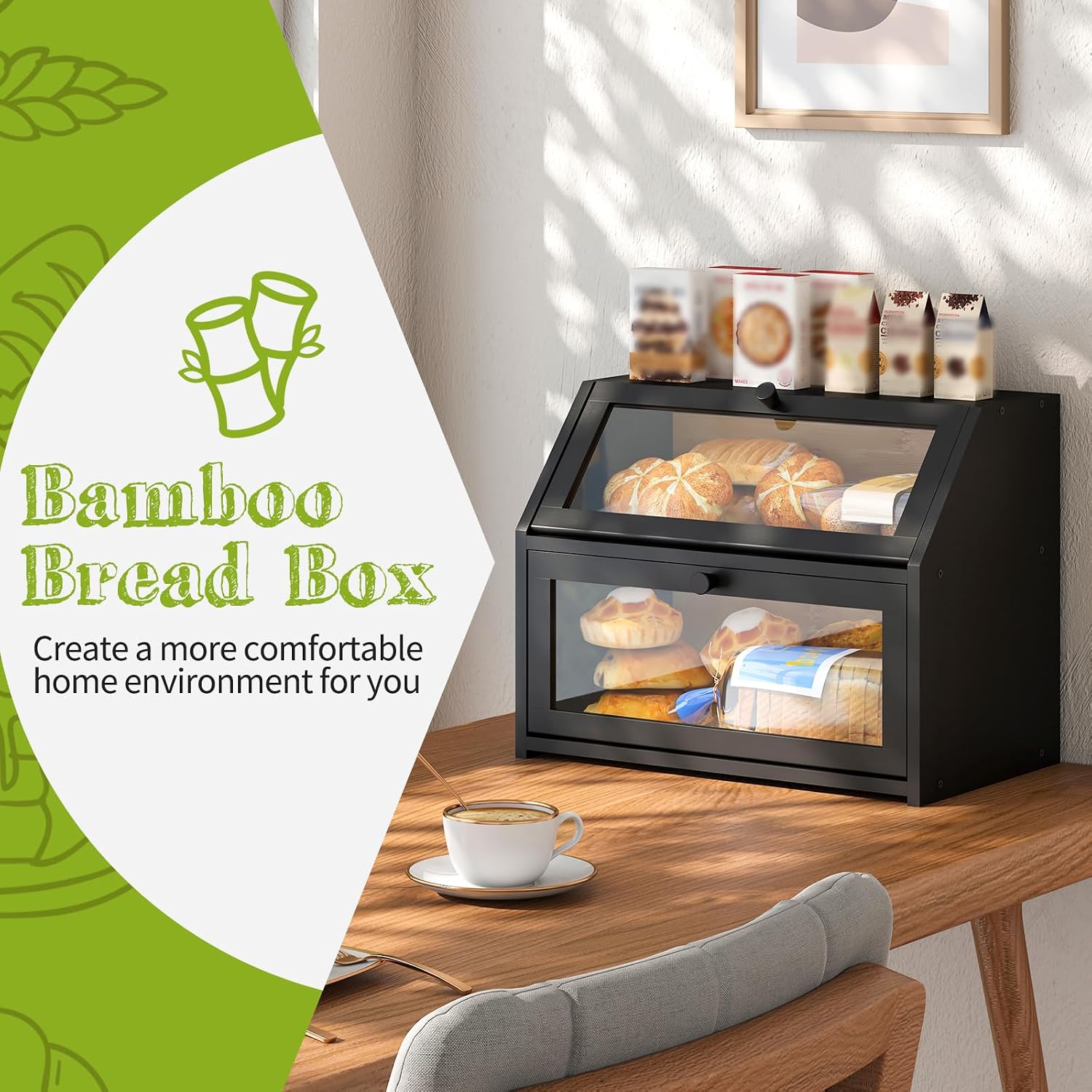 BMOSU Farmhouse Bread Box for Kitchen Countertop Bread box Double Layer Bamboo Wooden Extra Large Capacity Bin Kitchen