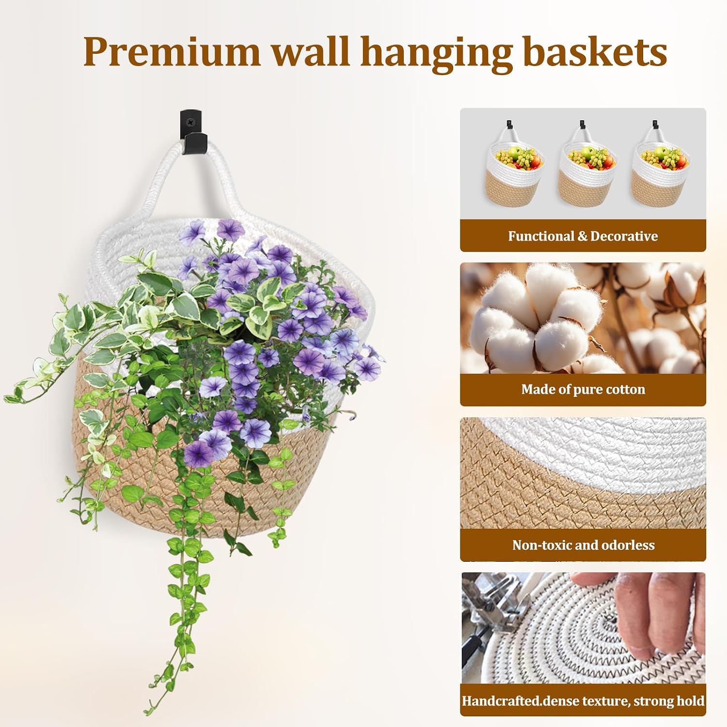 Adhesive Hooks / Woven Storage Organizers / White & Coffee / Set of 3