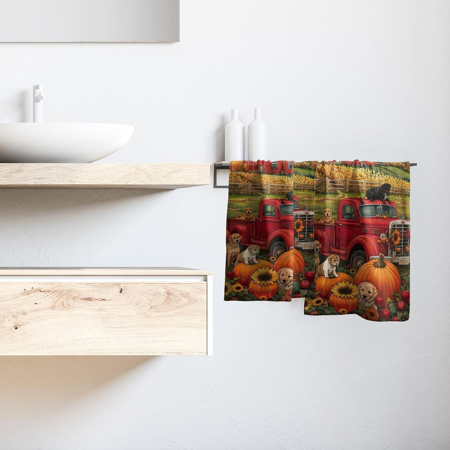Giwawa Fall Farm Dogs Hand Towels Set of 2 Red Truck Decorative Dish Towel Soft Absorbent Seasonal Bath Towels for