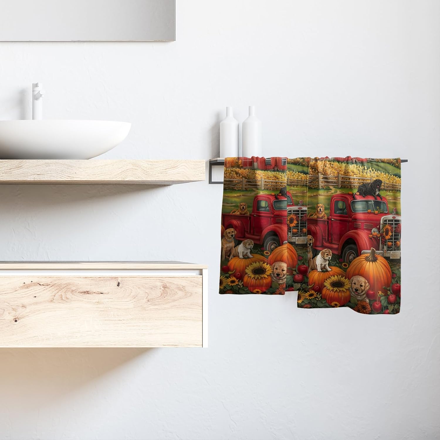 Giwawa Fall Farm Dogs Hand Towels Set of 2 Red Truck Decorative Dish Towel Soft Absorbent Seasonal Bath Towels for