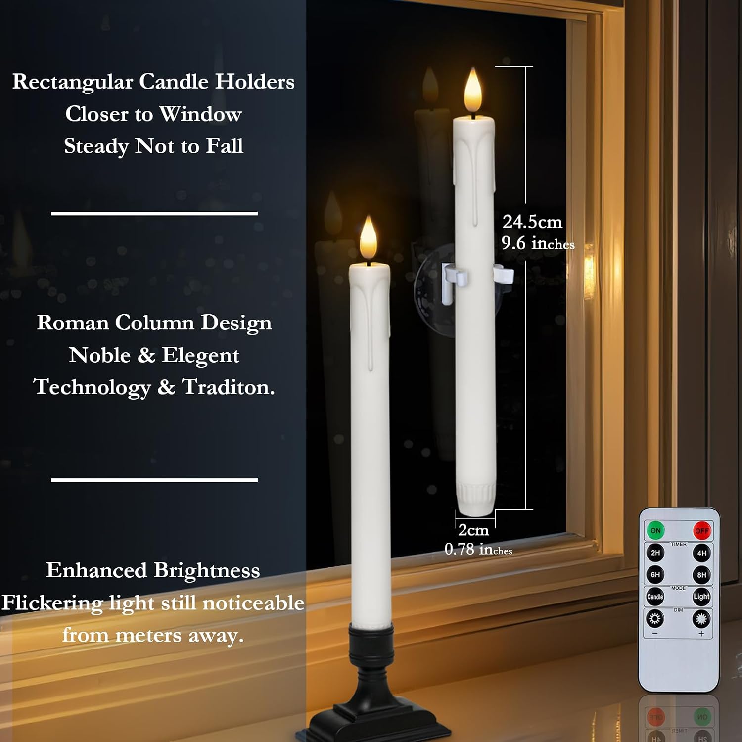 Homemory 6 Pcs Window Candles with Remote Timer Dimmer, Battery Operated Candlesticks with Holders and Suctions, White