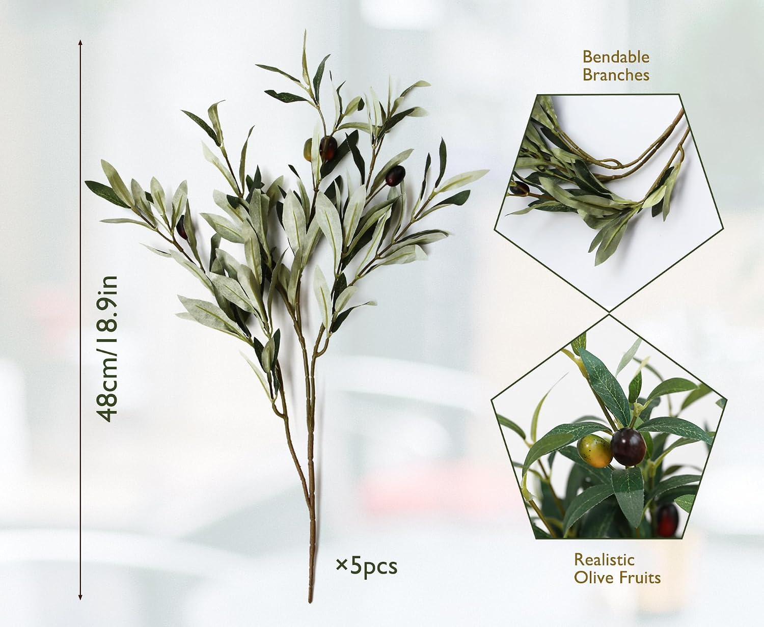 Artificial Olive Branches for Vases Faux Olive Tree Stems / 18.9 Inch / Set of 5
