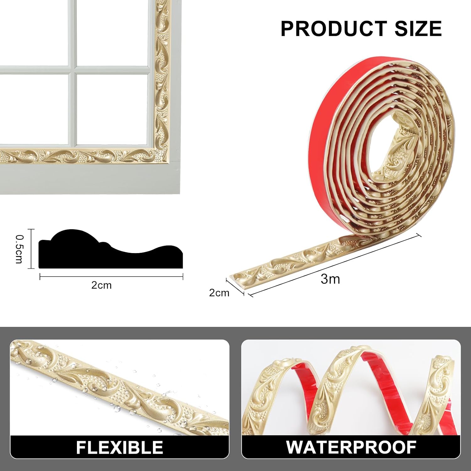 Flexible Self Adhesive Molding Trim / Champagne Gold-300cm / 118 Inch