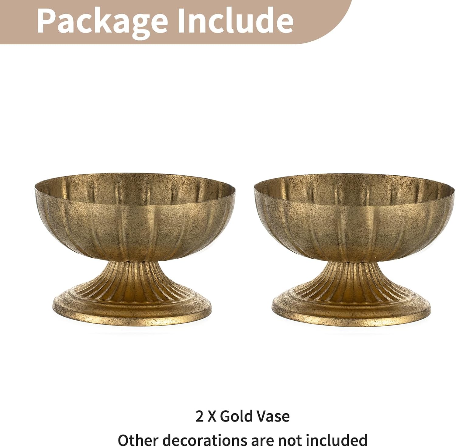 NUPTIO Gold Compote Vase for Centerpiece, 8.5" Wide Opening, 2 Pcs | Distressed Brass Urn, Short Pedestal Footed Bowl