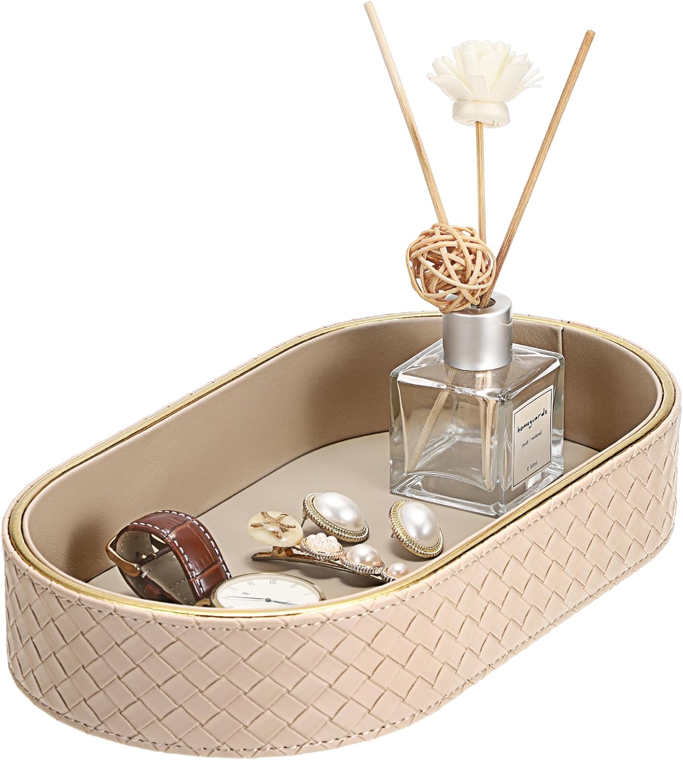 Perfume Trays PU Leather Vanity Tray for Dresser Bathroom Valet Trays Oval / 11 x 5.9 x 2 / Beige
