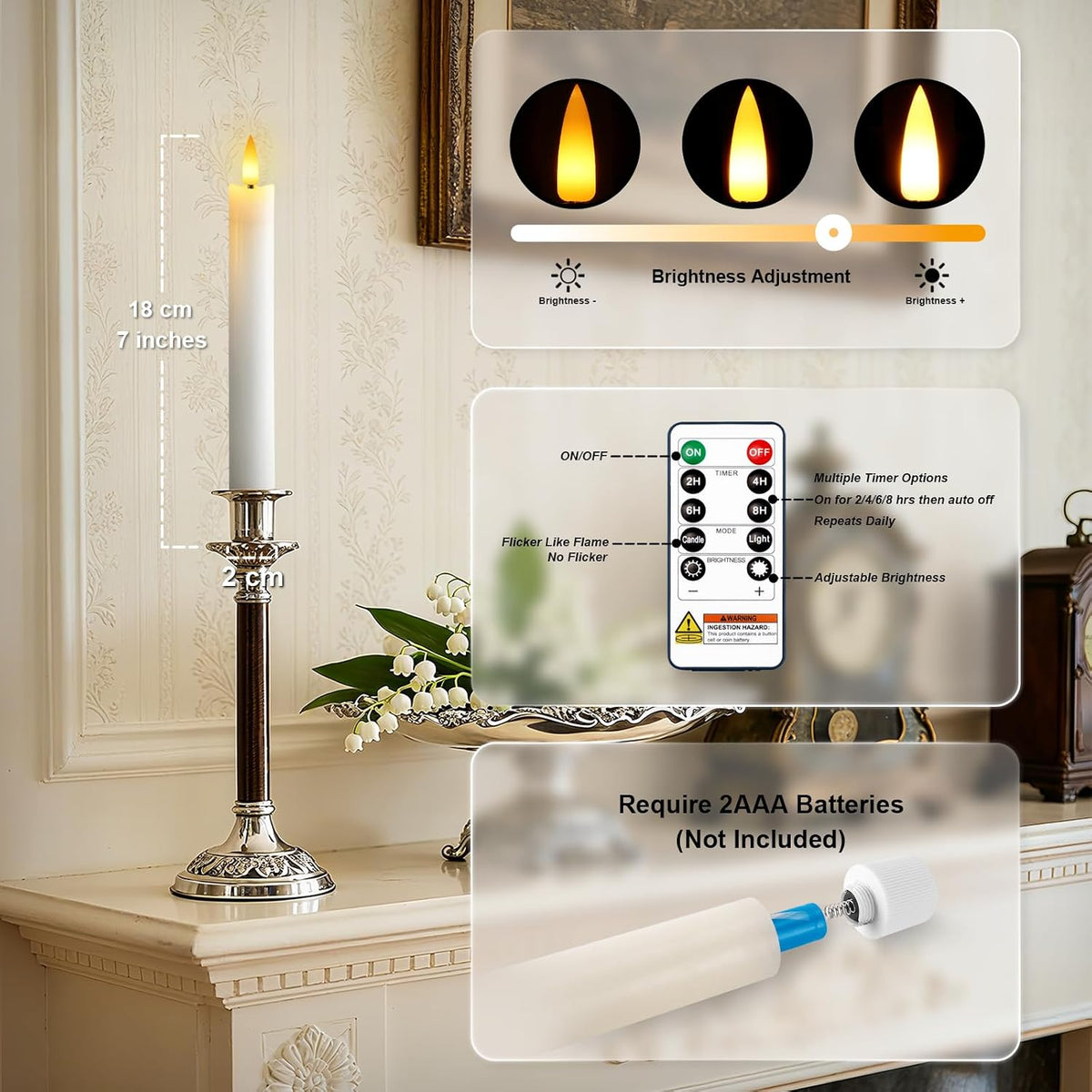 7 Inches Flameless Taper Candles with Remote Timer, Real Wax White Short Led Candlesticks, 3D Wick Light Battery