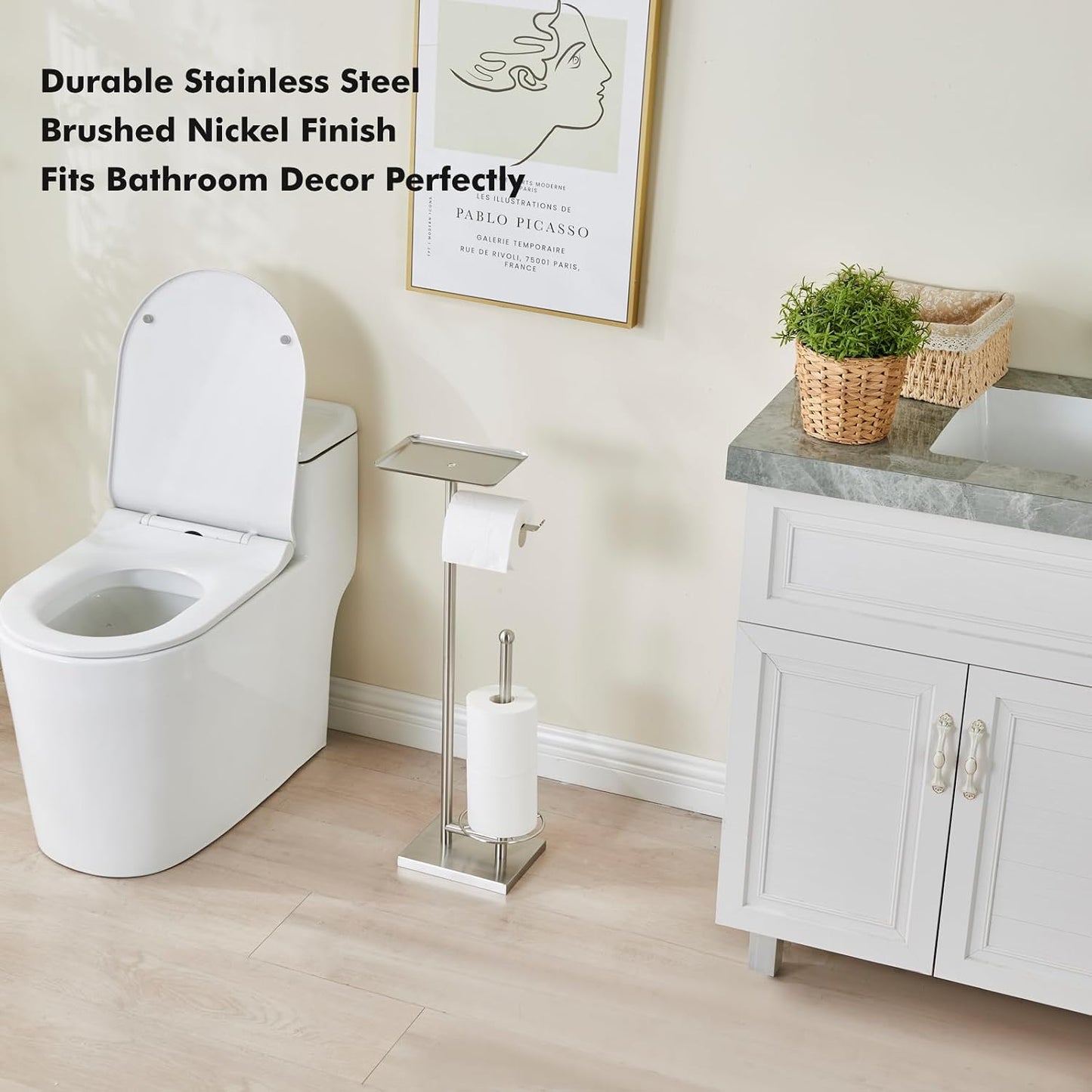Toilet Paper Holder with Tray At the Top, Heavy-Weighted Stainless Steel Base No Wobbly, Freestanding Toilet Paper