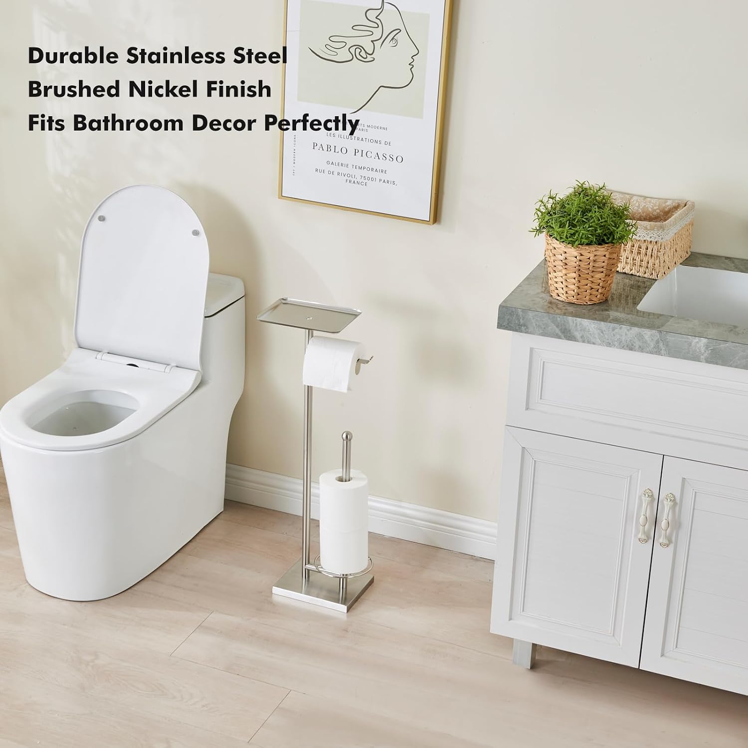 Toilet Paper Holder with Tray At the Top, Heavy-Weighted Stainless Steel Base No Wobbly, Freestanding Toilet Paper