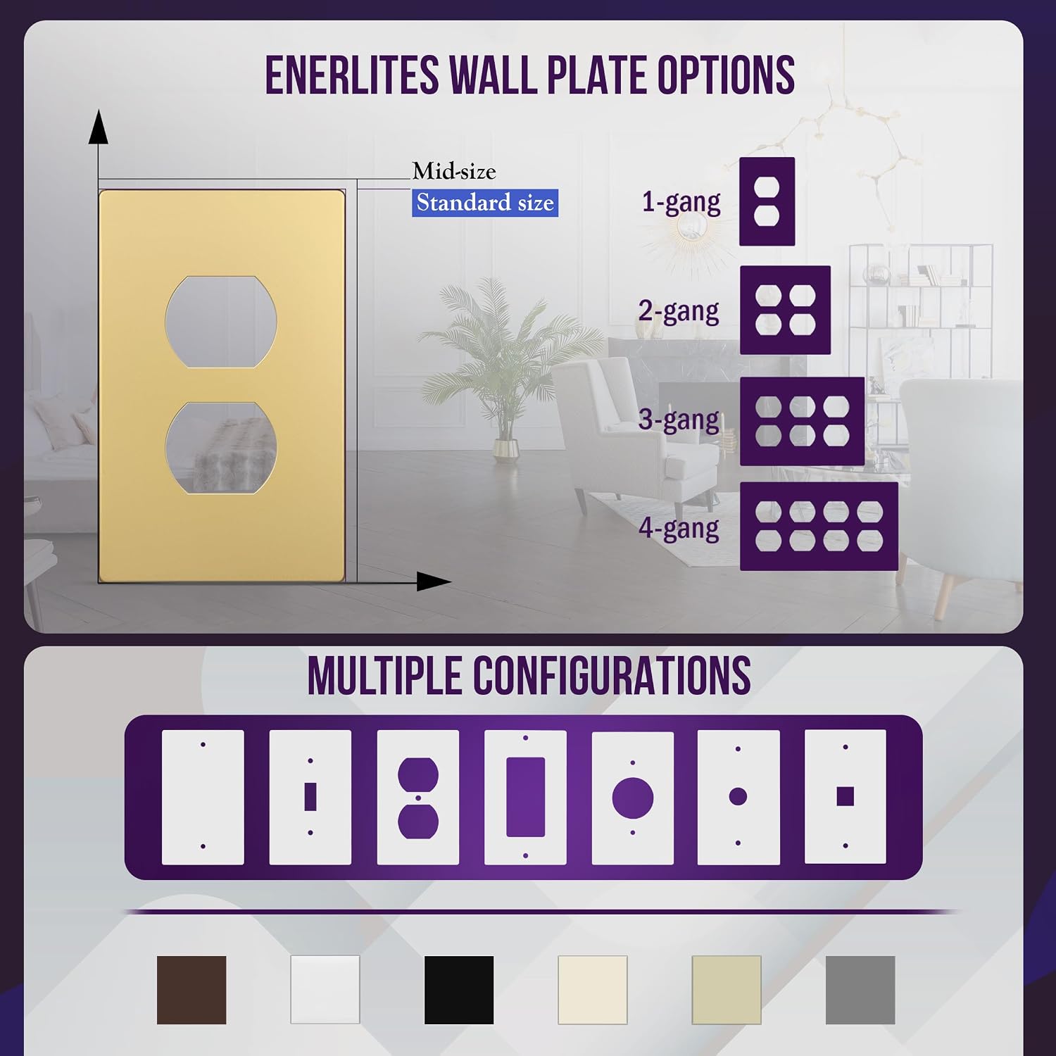 ENERLITES 5 Pack Screwless Duplex Outlet Covers Wall Plate, 1-Gang, Gold | Child safety, Elite series, modern finish