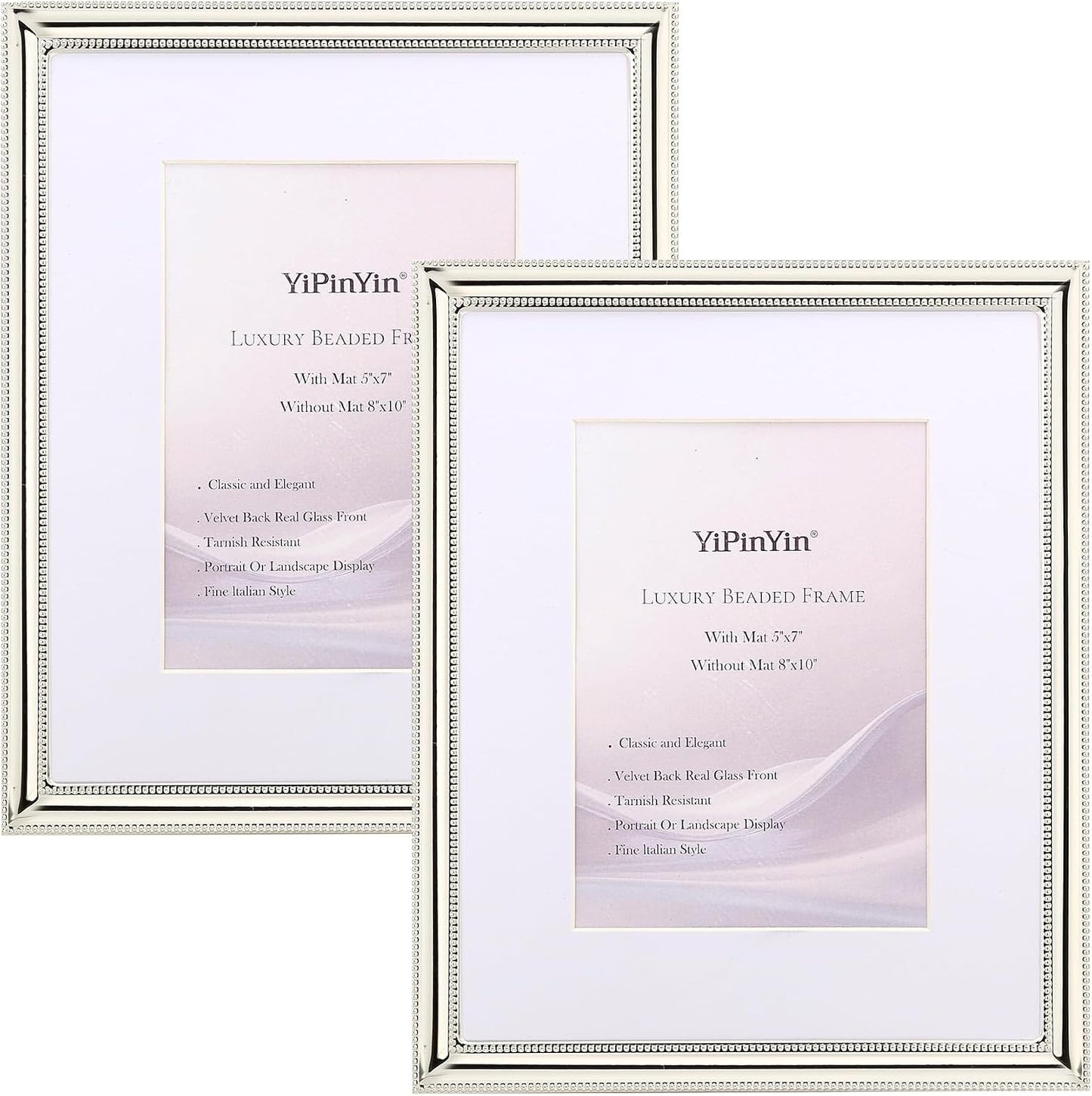 YiPinYin Classy Silver Plated 8x10'' Metal Picture Frame 2 pack,Classic Beaded Frame 8x10'' Mat 5x7'',Real Glass Front