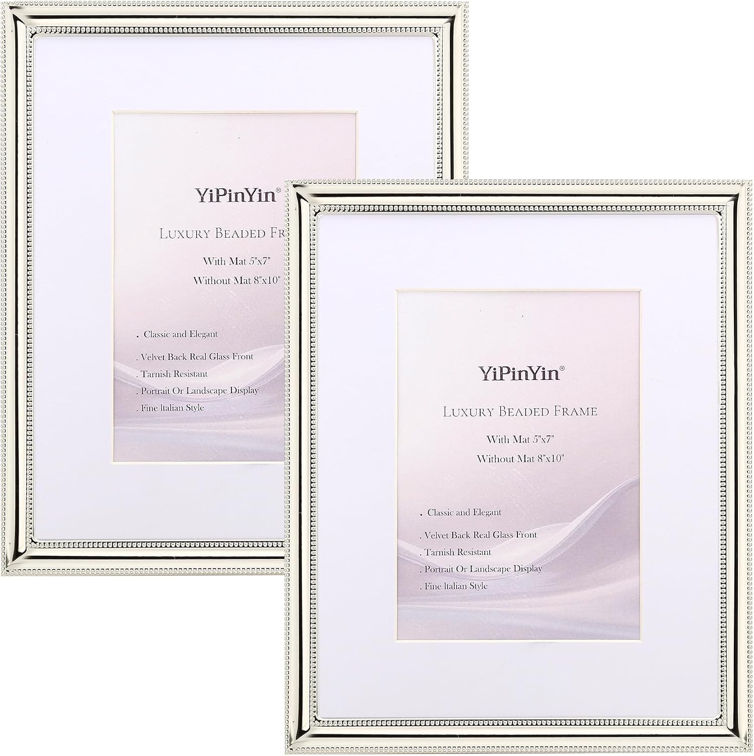 YiPinYin Classy Silver Plated 8x10'' Metal Picture Frame 2 pack,Classic Beaded Frame 8x10'' Mat 5x7'',Real Glass Front