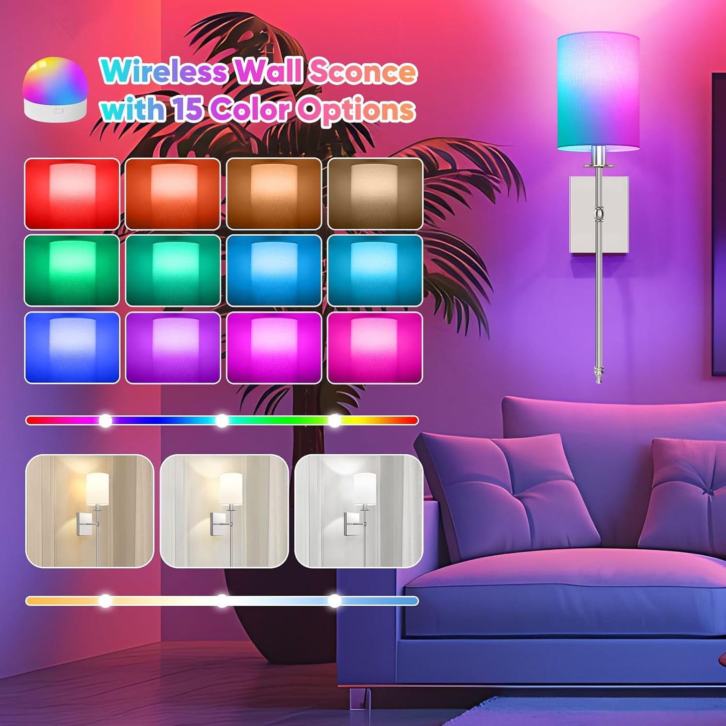 24 Inch Battery Operated Wall Sconces Set of 2 with Remote, Brushed Nickel Rechargeable Wireless Wall Lights with White