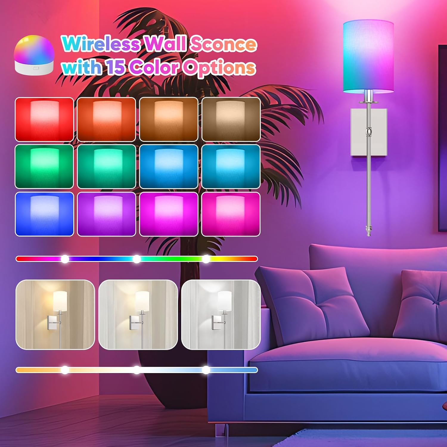 24 Inch Battery Operated Wall Sconces Set of 2 with Remote, Brushed Nickel Rechargeable Wireless Wall Lights with White