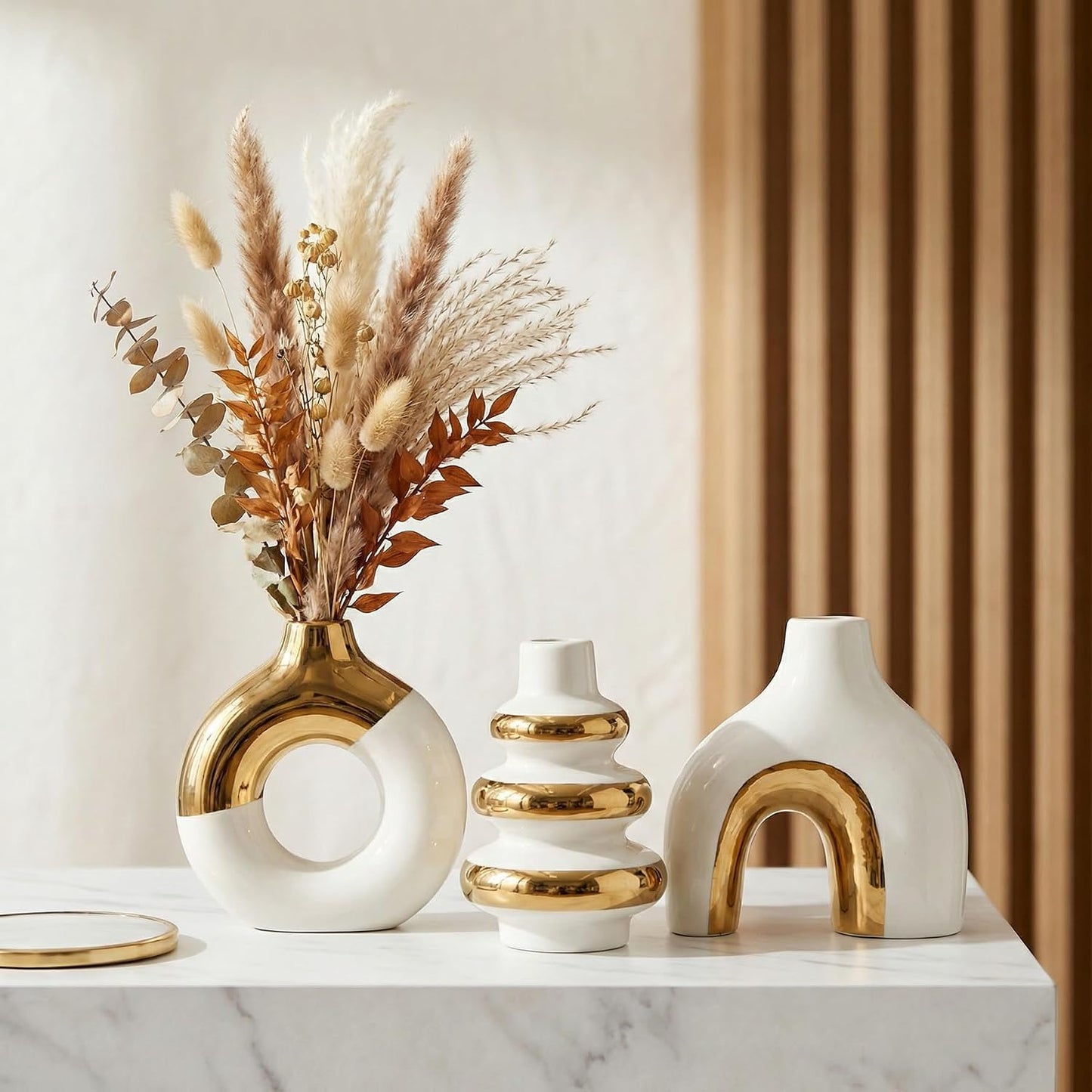 Modern Ceramic Decorative Vase / White and Gold / Set of 3