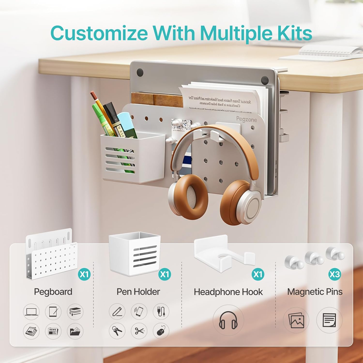 Desk Side Storage Organizer, Fits Flat Edge 0.4" to 2.2", White | No Drill Under Desk Laptop Holder, Clamp on Desks