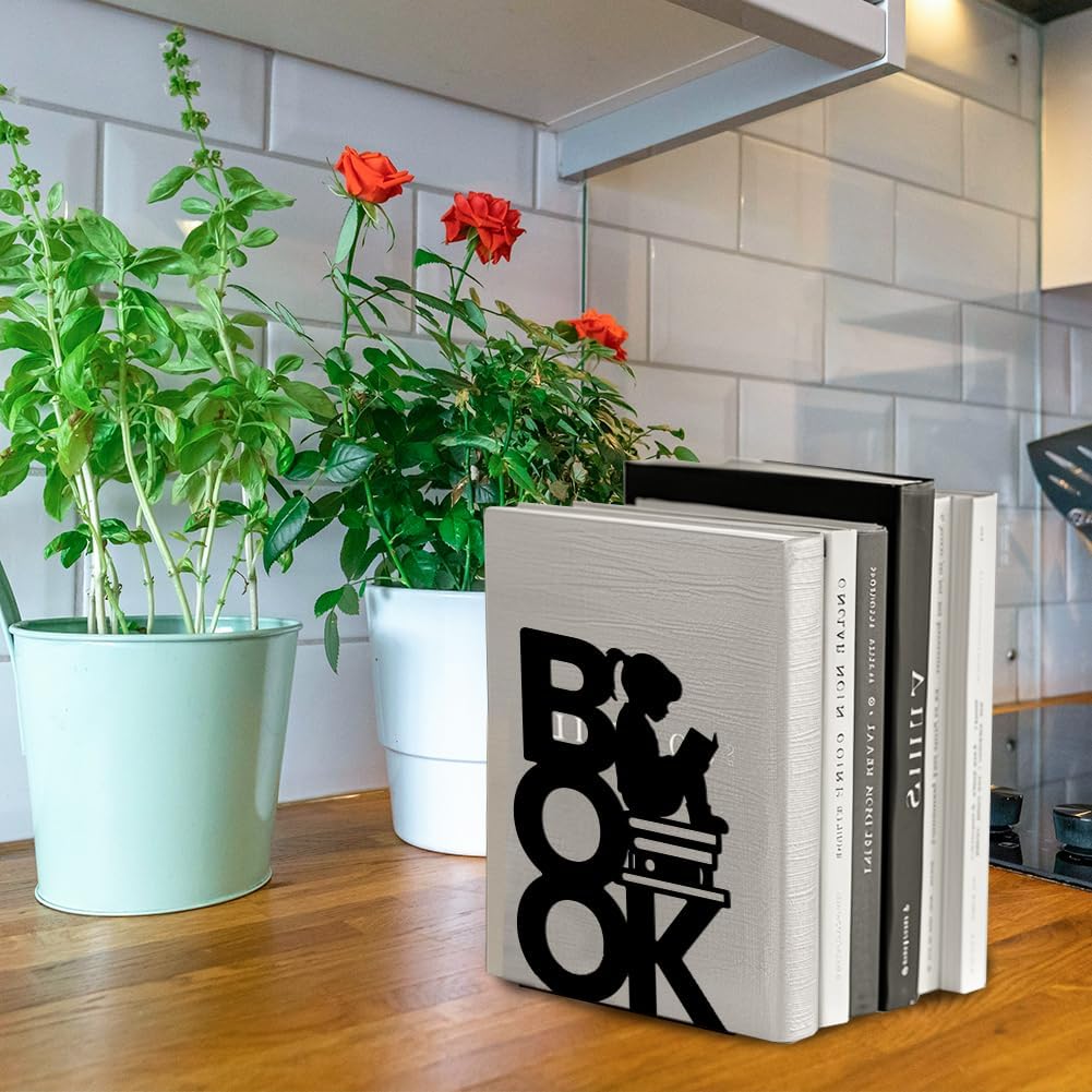 Metal Bookends / Modern Decorative Heavy Duty Study Book Support Stoppers / Book and Reading Girl