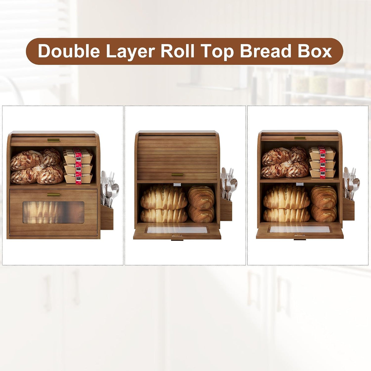 TQVAI Roll Top Bread Box for Kitchen Countertop, Keep Fresh Longer, Easy to Maintenance, Double Layer Vintage Wooden