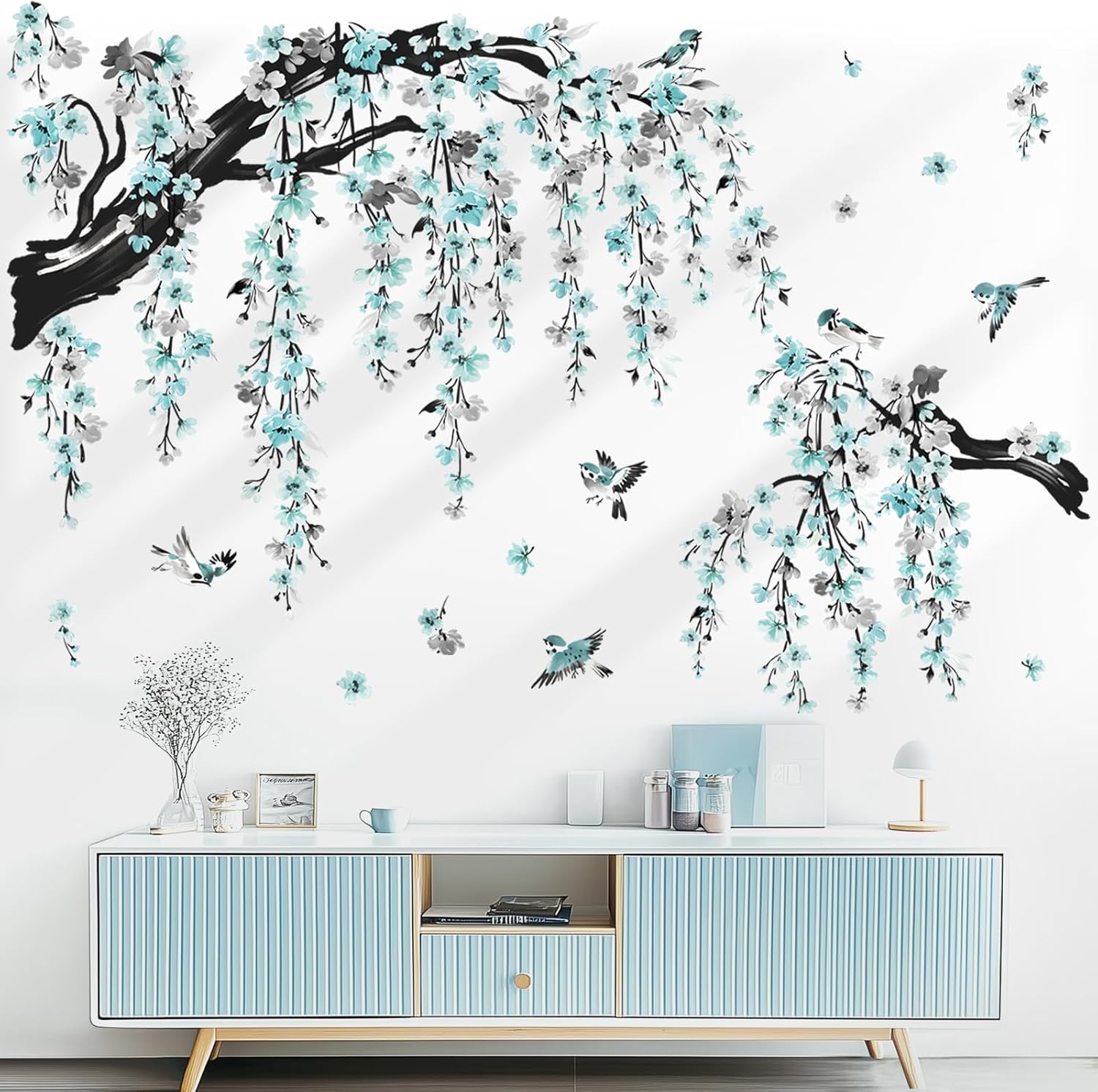 Large Watercolor Flower Branch Wall Stickers Blossom Tree Branches Peel and Stick Wall Art / Blue