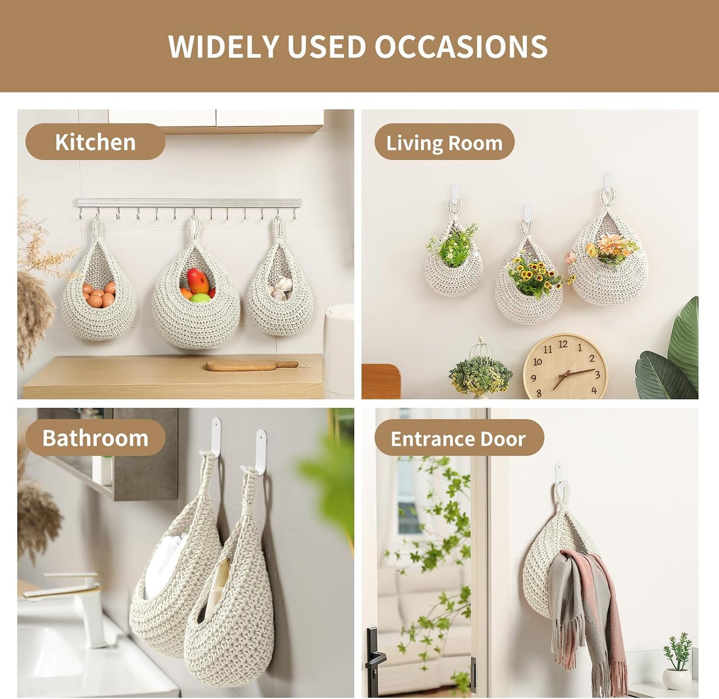 Boho Wall Hanging Fruit Baskets / White / Set of 6