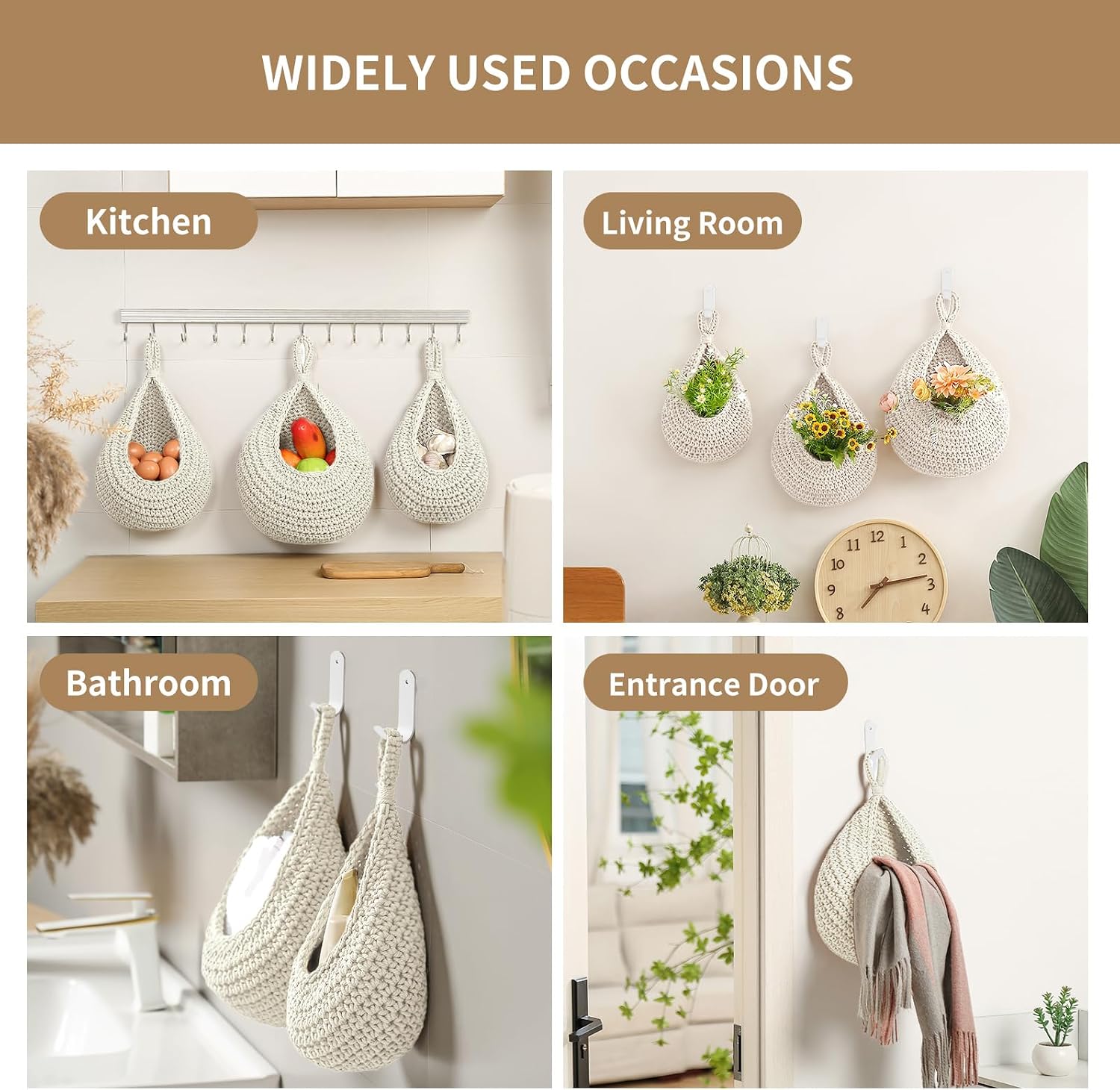 Boho Wall Hanging Fruit Baskets / White / Set of 6