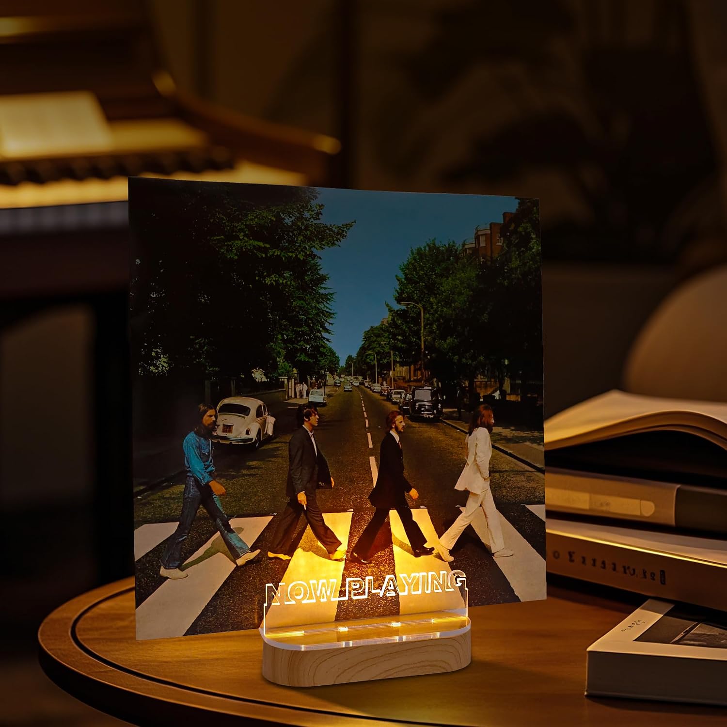 YuanDian Light up Now Playing Vinyl Record Stand, Now Spinning Record Stand, Wooden Acrylic Holder for Album Display