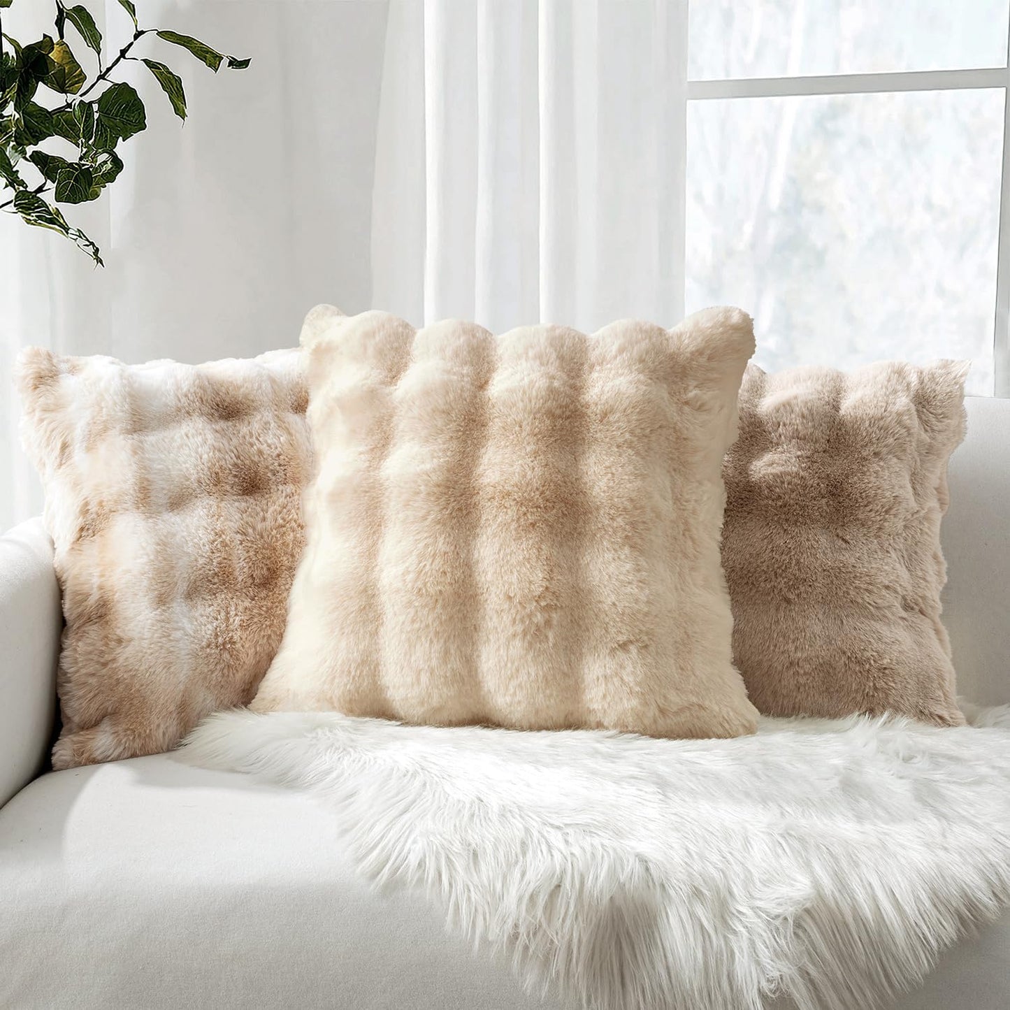 Faux Fur Pillow Covers Thick Soft Plush Throw Pillows Spring Home Decor / 18 x 18 / Beige / Set of 2