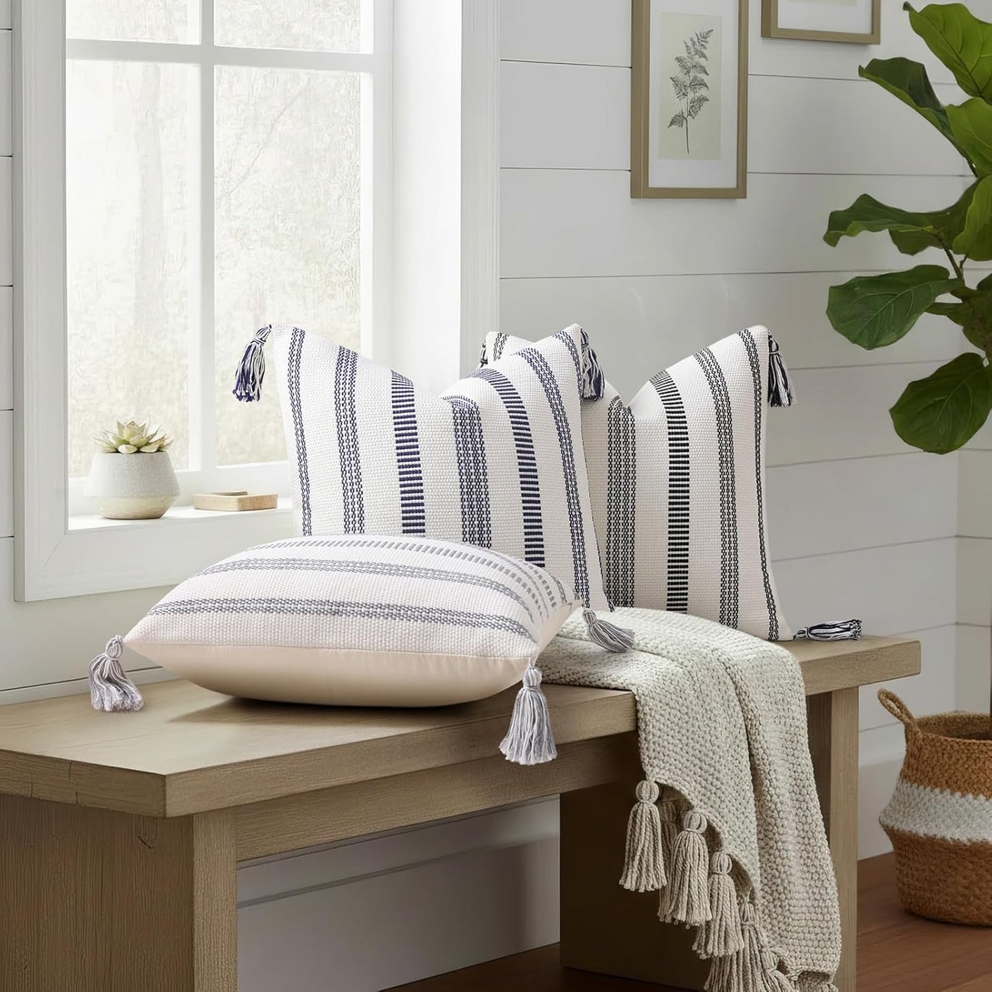 Boho Outdoor Couch Throw Pillow Covers / Black and Cream White / 20 x 20 / Set of 2