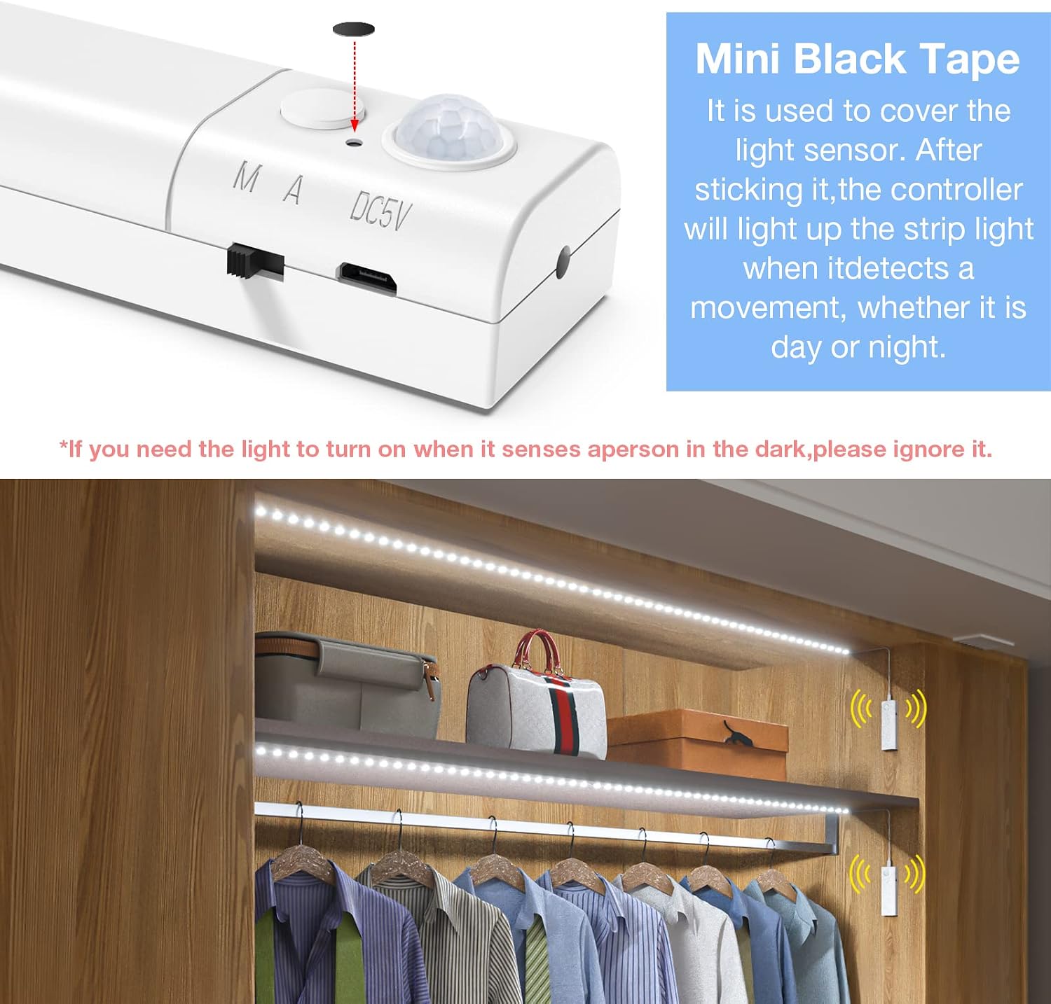 WOBANE 16.4ft Dual Motion Sensor Stair Lights Strip, Rechargeable LED Strip | 150 LEDs Cuttable Tape Lighting for