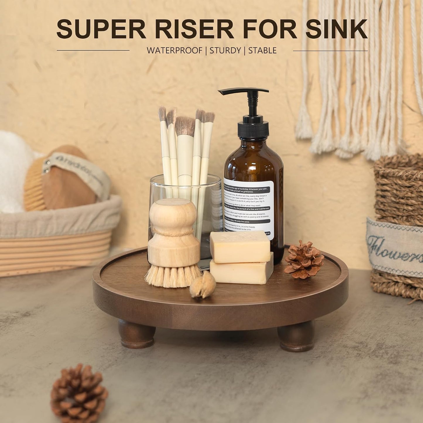 EOSAHR Acacia Wood Display Riser: Pedestal Stand for Home Decor, Dark Brown | 10" Display Stand, Vanity Organizer, Soap