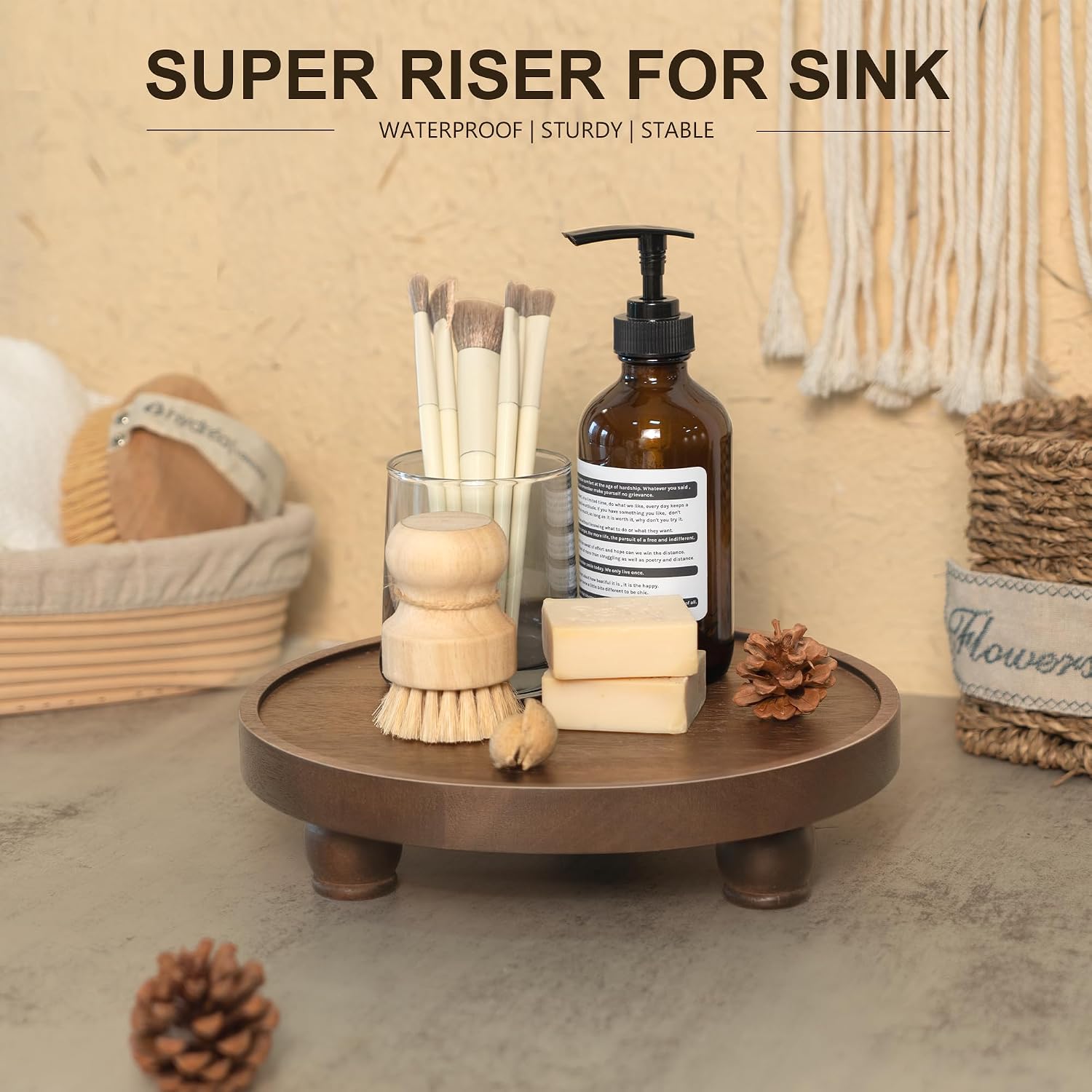 EOSAHR Acacia Wood Display Riser: Pedestal Stand for Home Decor, Dark Brown | 10" Display Stand, Vanity Organizer, Soap