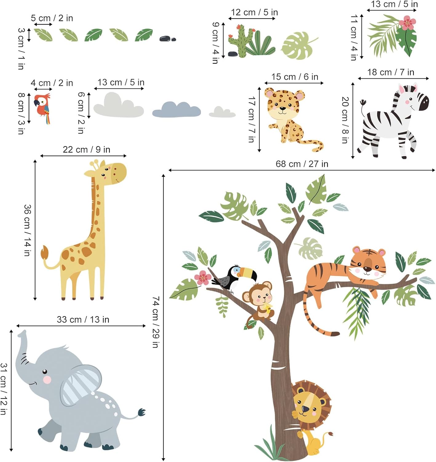 Jungle Animals Tree Wall Decals Elephant Giraffe Lion Safari Wall Stickers Baby Nursery Kids / C