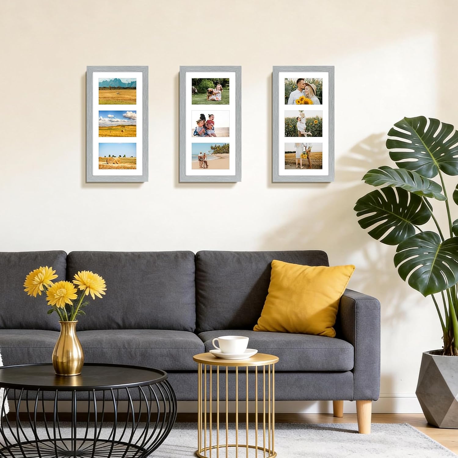 Golden State Art 9x18 Grey Wood Frame - for Three 5x7 Pictures, 3 Pack | Matted to 3 5x7 Picture,Solid Wood Collage